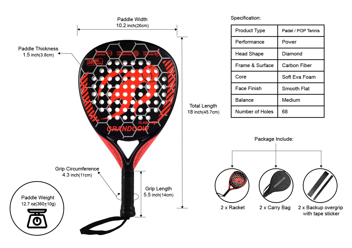 Premium Carbon Fiber Padel Tennis Racket with EVA Memory Foam Core - Diamond Shape Design for Enhanced Power & Control - Ideal for Competitive Play & Recreational Padel Sports