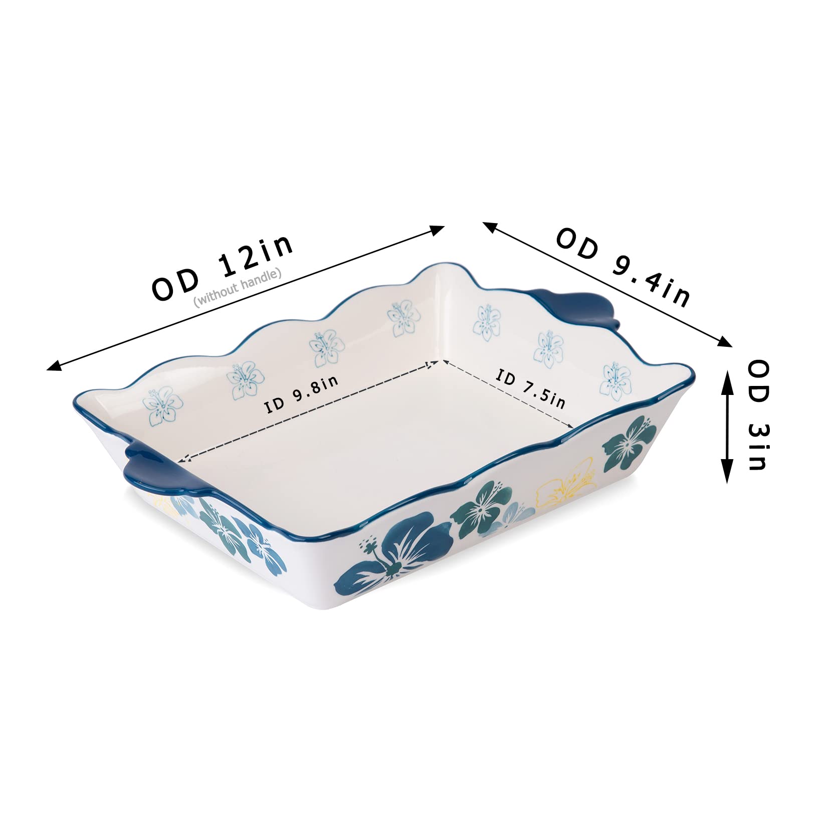 Blue Flower Ceramic Casserole Dish - 9x13 Inch Nonstick Lasagna Pan with Handles, Oven Safe Baking Dish for Cooking, Baking & Serving | Perfect for Lasagna, Casseroles, Roasts & Family Dinners