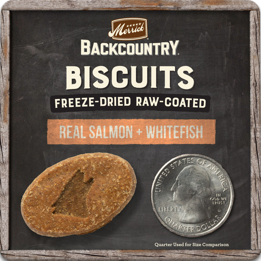 Merrick Backcountry Grain Free Salmon & Whitefish Recipe Freeze Dried Raw Coated Dog Treats - High Protein Biscuits for Training, Rewards & Outdoor Adventures