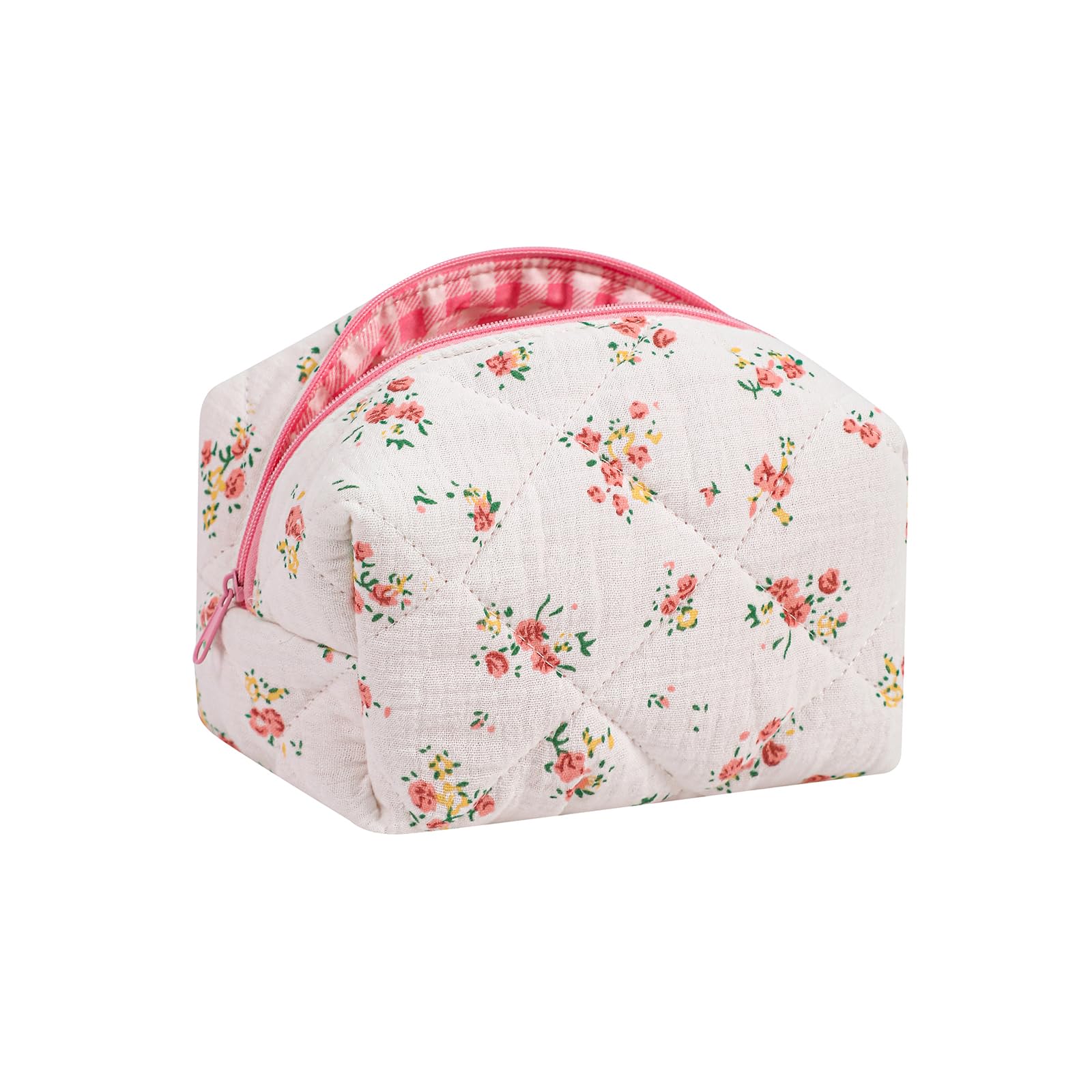 Small Quilted Cotton Makeup Bag | Cute Floral Cosmetic Pouch | Travel Toiletry Organizer for Women & Girls | Kawaii Aesthetic Accessory (Yellow Pink Flower) | Perfect for Travel, Gym, Daily Use & Gift Giving