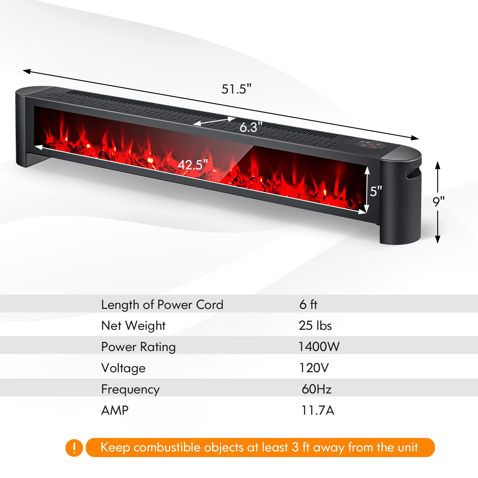 Tangkula 1400W Electric Baseboard Heater with Remote Control - 6 Adjustable 3D Flame Effects, Built-in Thermostat & Timer - Overheat & Waterproof Protection (IPX4) - Perfect for Bedroom, Living Room & Office Heating