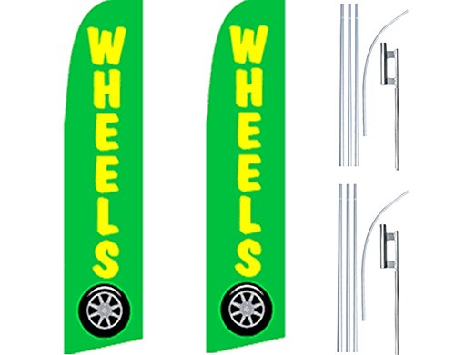 2 Pack Swooper Flutter Feather Flags with 2 Poles & Ground Spikes - Vibrant Green & Yellow for Outdoor Advertising, Car Dealerships, Sports Events, and Festivals