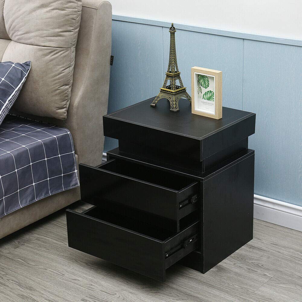 Modern LED Nightstand with 2 Storage Drawers - Bedside Table with Remote Control Lights, Black Bedroom End Table for Bedroom Organization - Perfect for Reading, Charging Devices & Storing Essentials