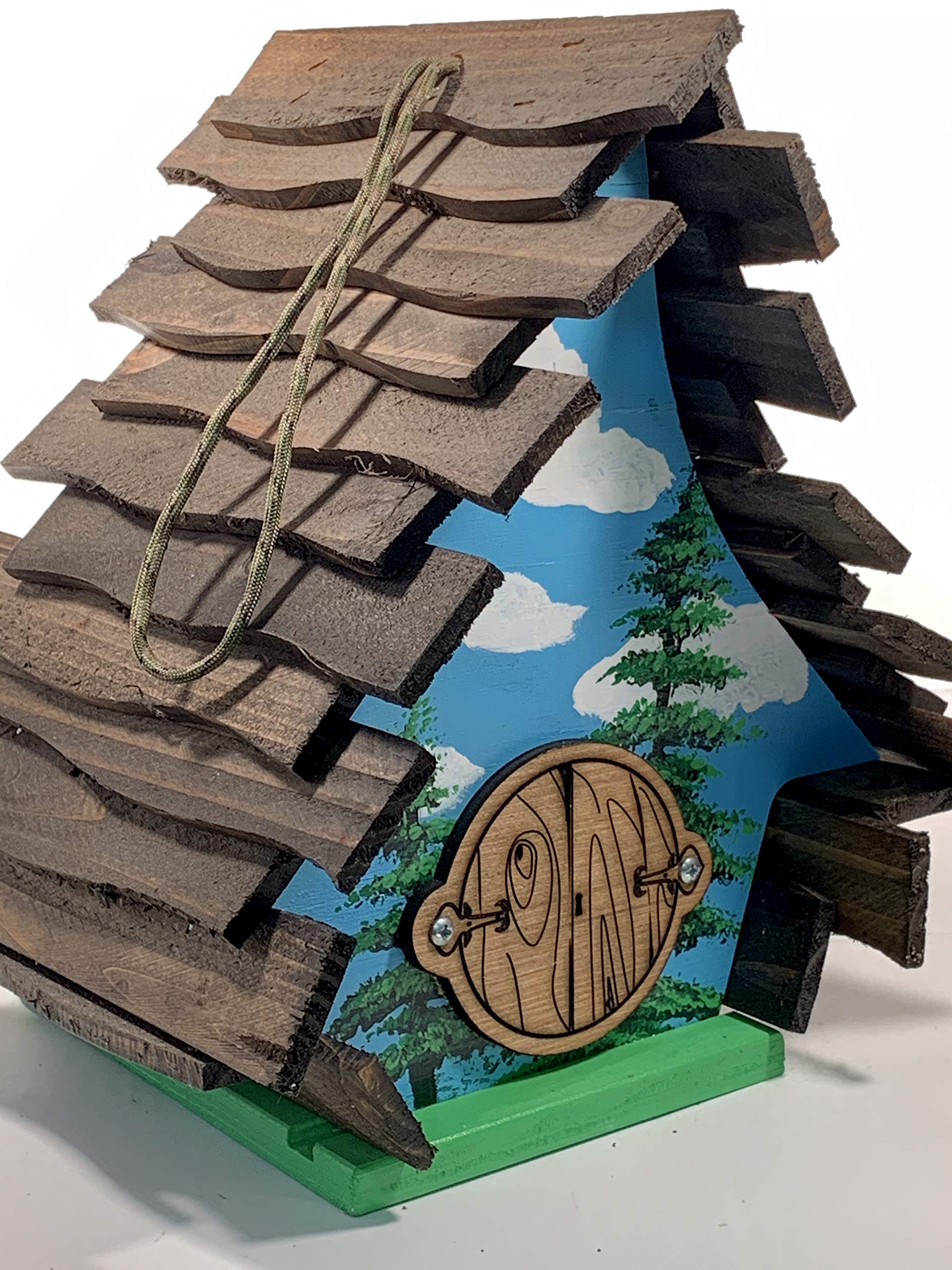 Blue Bird House for Outside Hanging - Weatherproof Wooden Birdhouse with Happy Tree Design - Attract Wild Birds to Your Garden, Backyard or Patio
