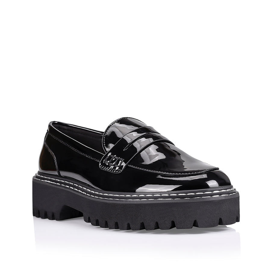 Stylish Neo Chunky Loafers in Black Patent Leather - Comfortable Slip-On Shoes for Women | Perfect for Office, Casual Wear & Everyday Outfits