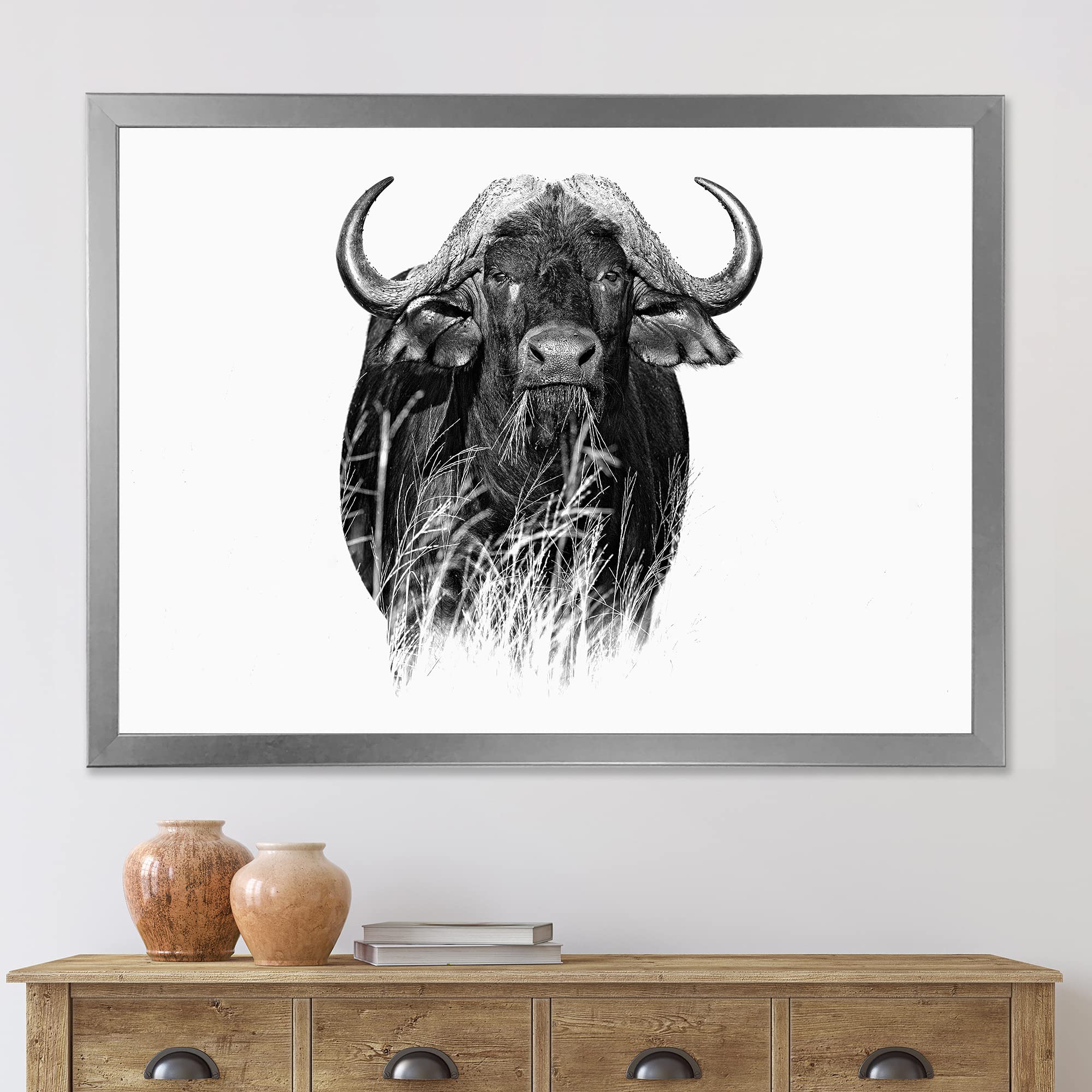 DesignQ Monochrome Buffalo IV Farmhouse Framed Wall Art - Black & White Animal Portrait for Living Room, Bedroom & Office Decor