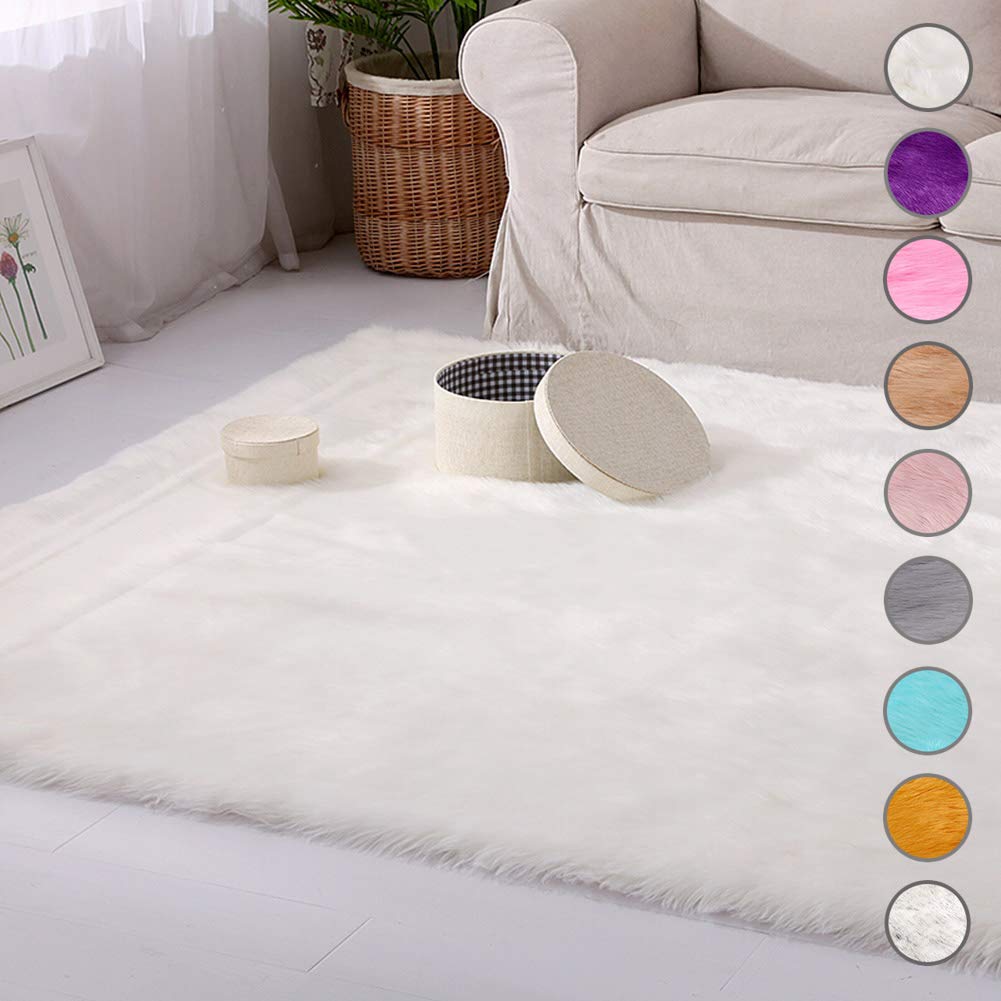 SODKK Plush White Faux Fur Rug 78x91 Inches - 2.3 Inch Thick Soft Rectangular Floor Mat with Non-Slip Rubber Backing for Living Room, Bedroom, Nursery | Cozy Home Decor & Kids Play Area