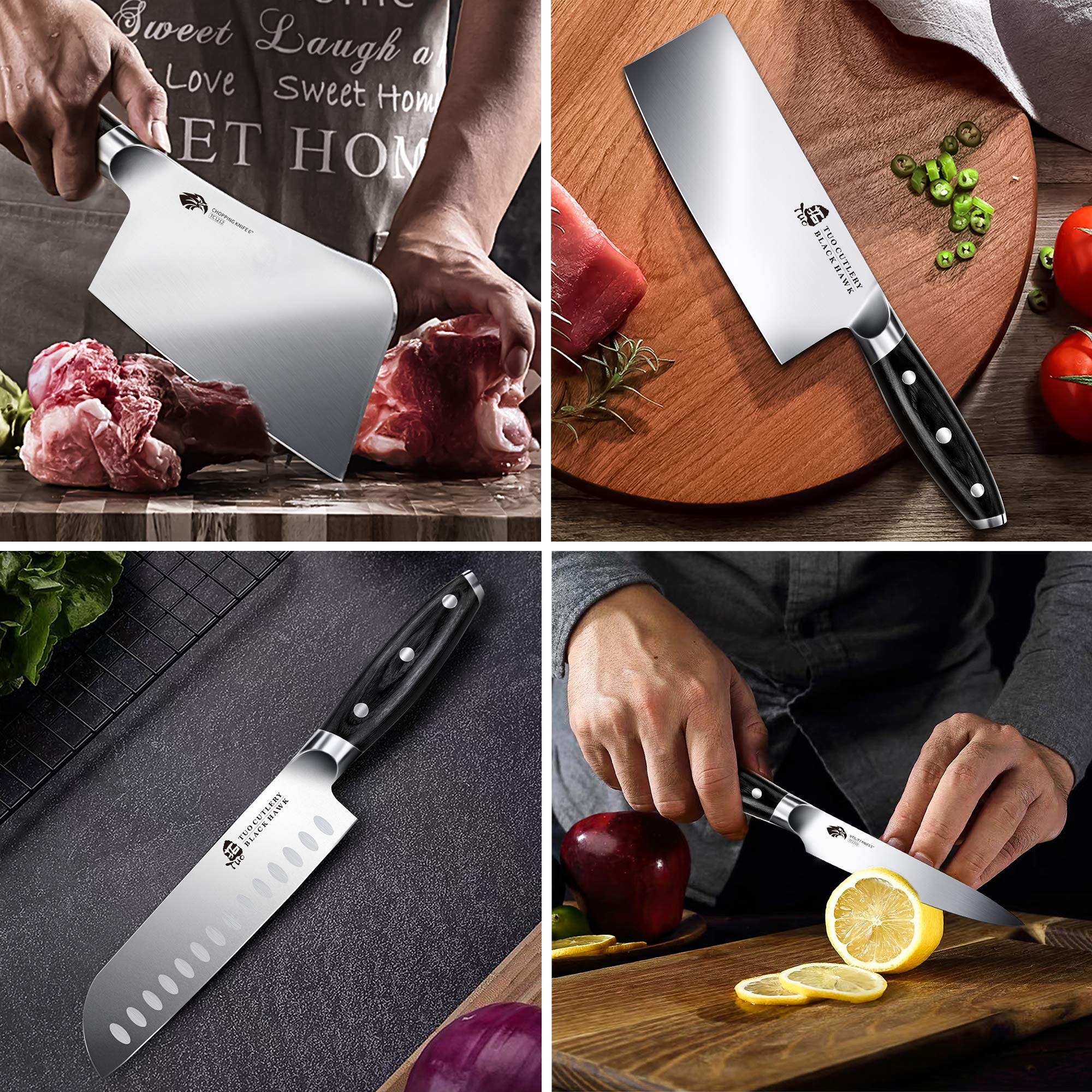 TUO Premium 8-Piece German Stainless Steel Kitchen Knife Set with Wooden Block - Includes Chef Knife, Paring Knife, Bread Knife, Steak Knives, Honing Steel & Shears - Ergonomic Pakkawood Handle Black Hawk Series (Gift Box) - Perfect for Home Chefs, Cooking Enthusiasts & Professional Kitchens