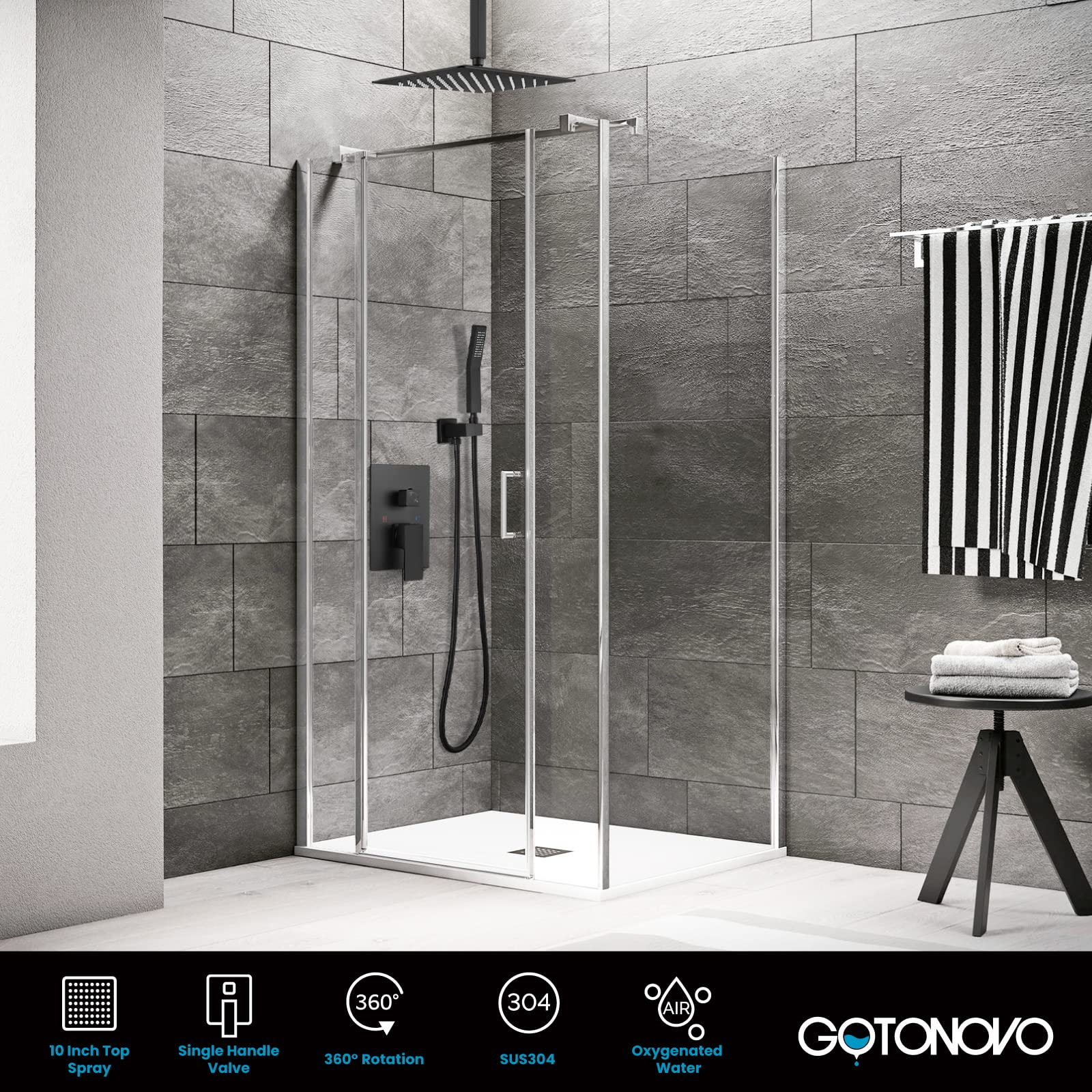 Gotonovo Luxury Matte Black Rain Shower Combo Set - 10 Inch Ceiling Mount Shower Head with High Pressure Handheld Spray, 2-Function Mixer Faucet & Rough-in Valve | Perfect for Modern Bathroom Renovation & Spa-Like Shower Experience