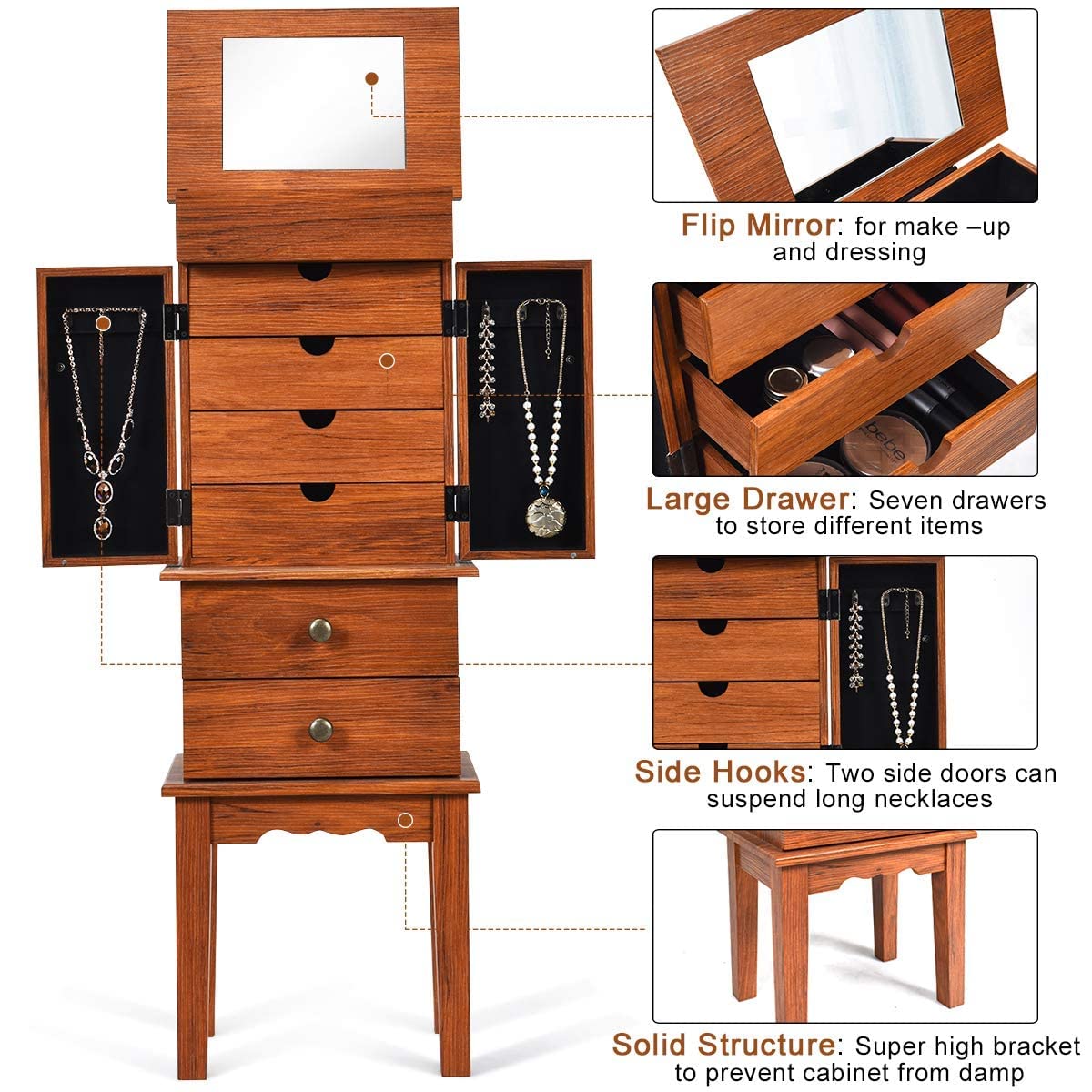 Wooden Jewelry Armoire Cabinet with Flip Mirror - 6 Drawers, 2 Side Doors & Necklace Hooks | Jewelry Storage Organizer for Bedroom, Closet & Dressing Room