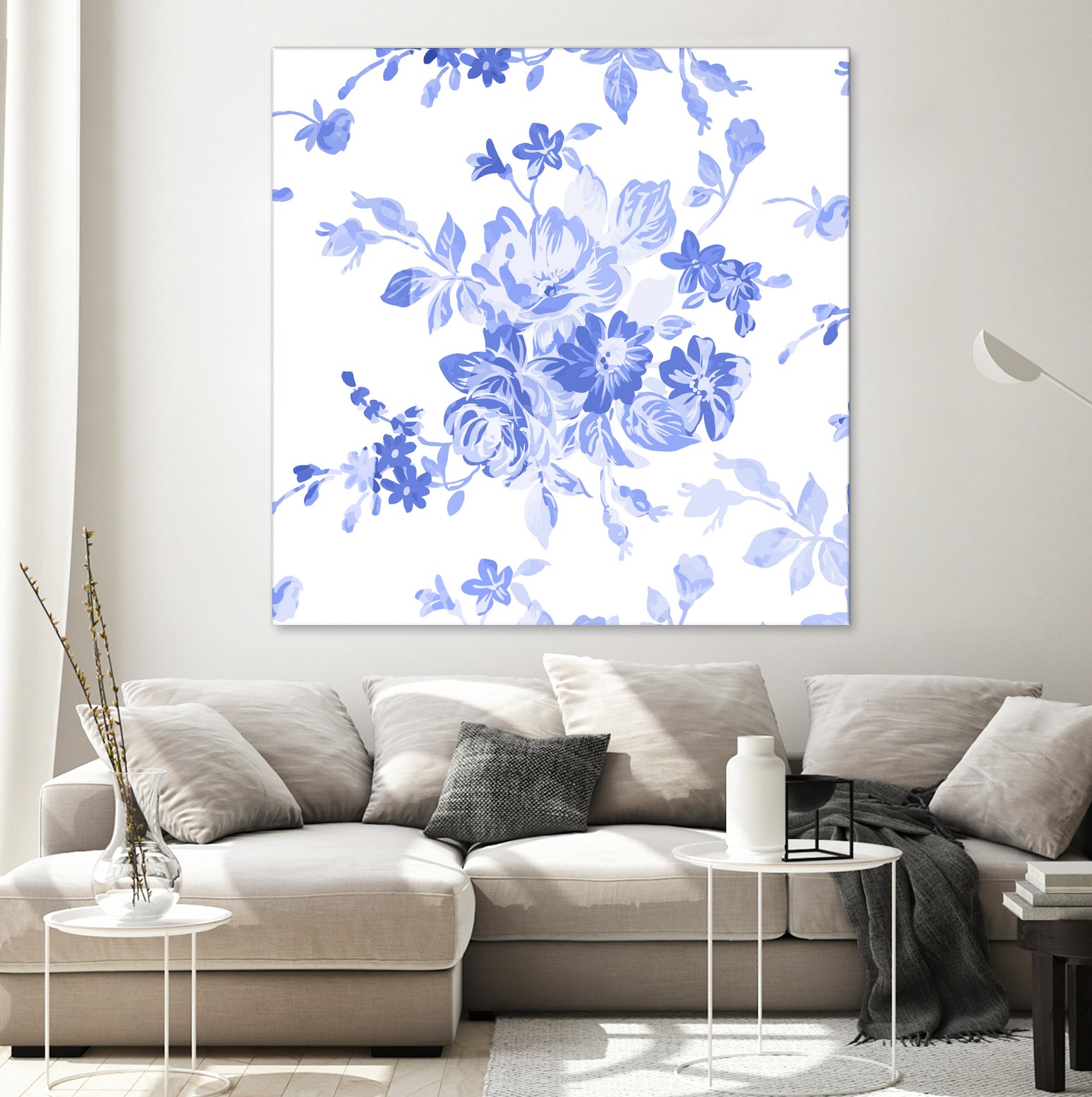 Blue Floral Pattern Art Print - Elegant Flower Wall Decor for Living Room, Bedroom & Office