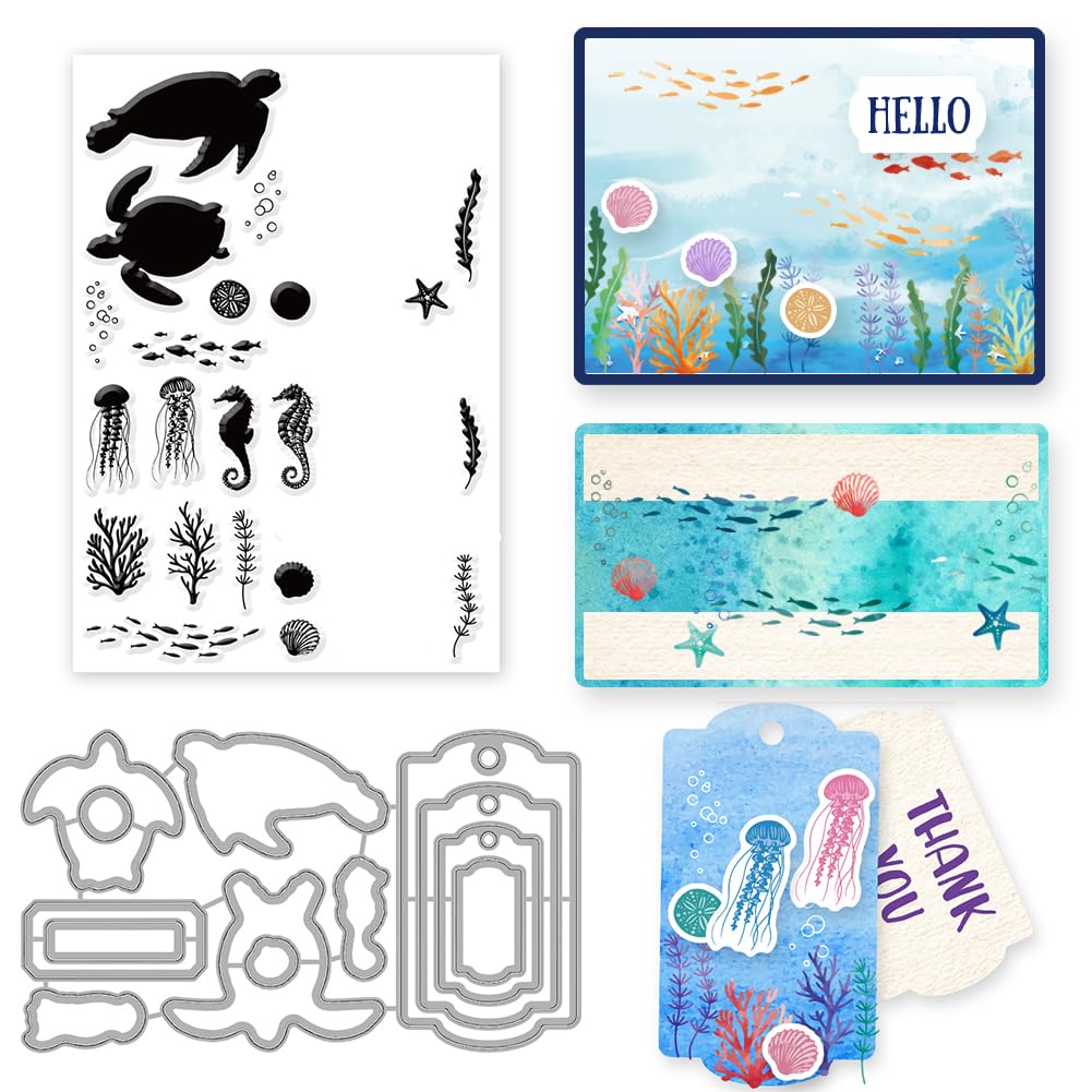 INFUNLY Sea Animal Die Cut and Stamp Set - Clear Stamps & Dies for Card Making, Scrapbooking, DIY Crafts - Includes Sea Turtle, Seahorse, Jellyfish, Seaweed Designs - Perfect for Handmade Greeting Cards, Journals, Home Decor, and Paper Crafting Projects