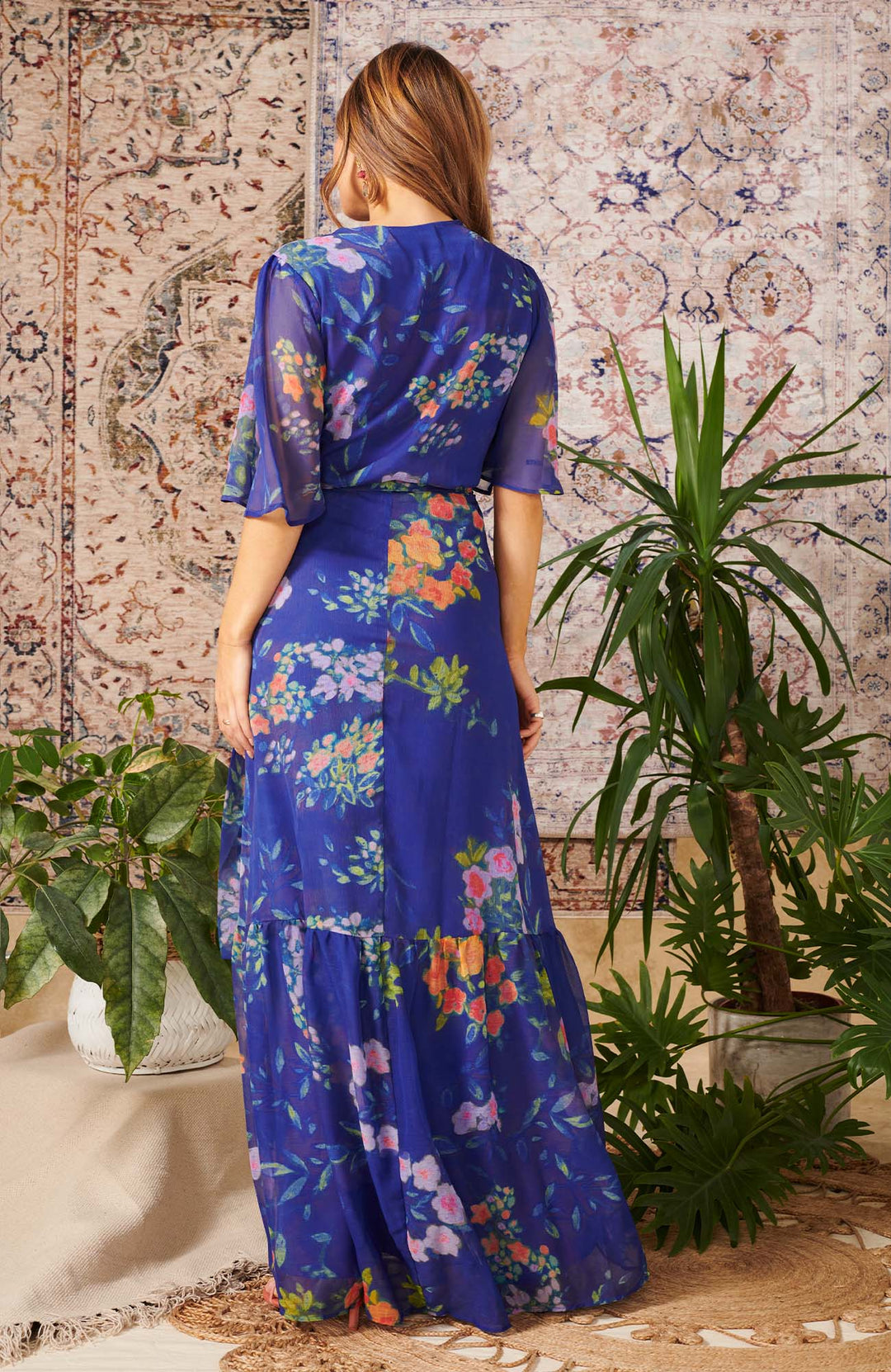 Mary Flutter Sleeve Maxi Wrap Dress for Women - Elegant Floral Summer Dress with V-Neck & Belt - Perfect for Beach Vacation, Date Night & Special Occasions