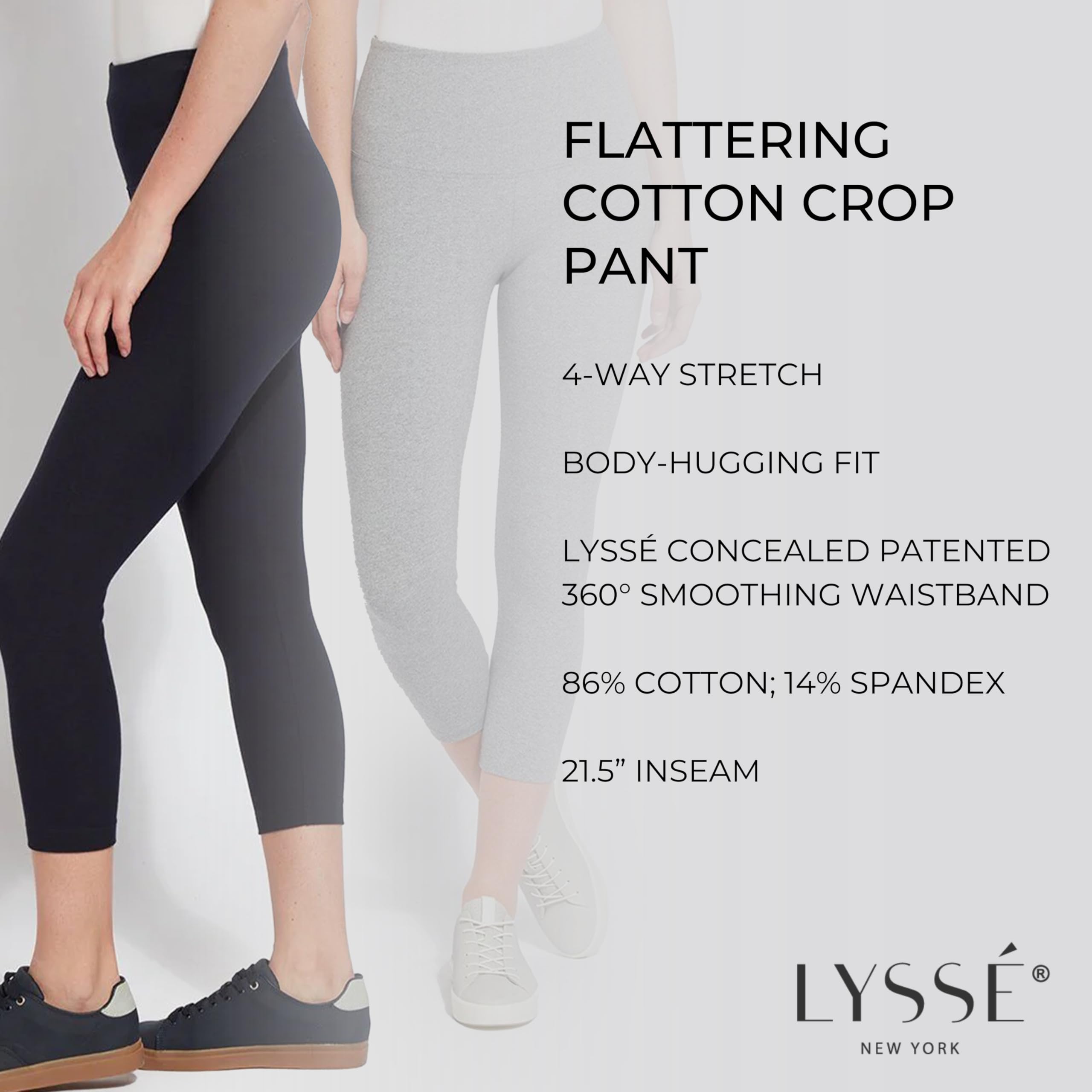 Lyssé Women's Cotton Cropped Leggings - Soft Stretchy High Waist Yoga Pants with Breathable Spandex Blend - Perfect for Workouts, Lounge & Everyday Wear