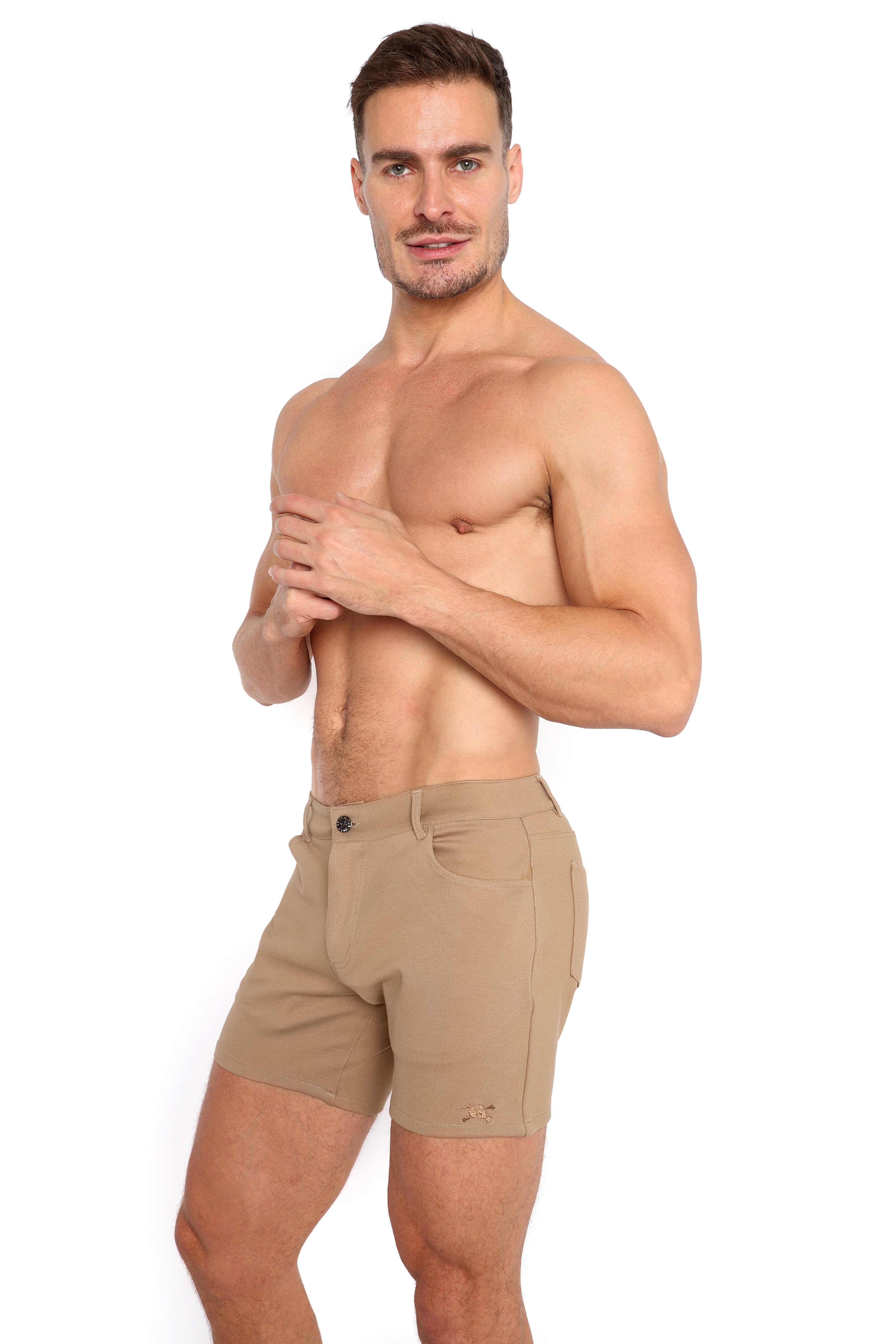 Custom Logo Knit Stretch Shorts for Men - Comfortable Tan Casual Shorts | Perfect for Summer, Gym, and Outdoor Activities