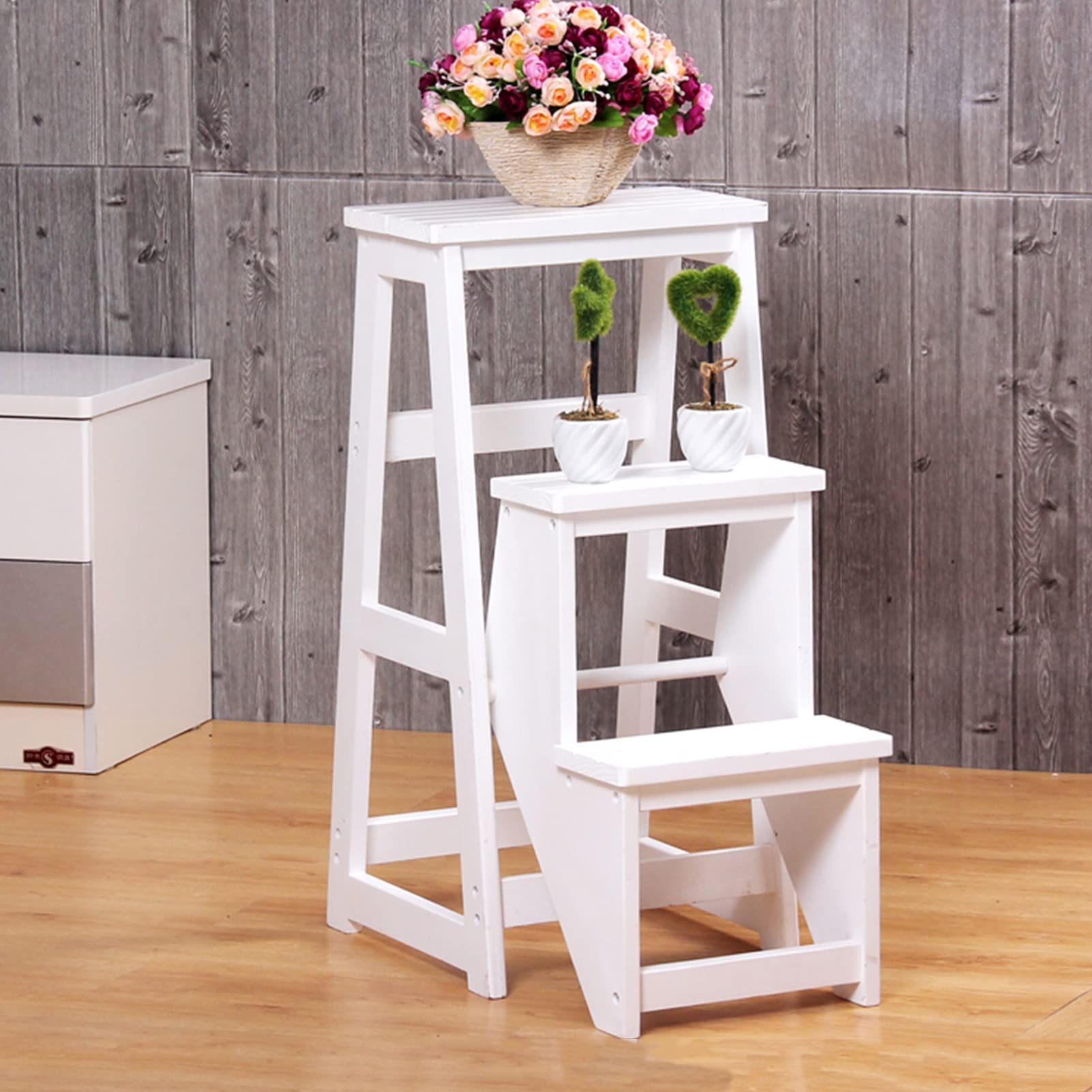 3-Step Folding Wooden Step Stool for Indoor Use - Portable Foldable Ladder Stool, Kitchen Step Stool, Bookshelf Helper, Flower Stand - Perfect for Home, Office & Library Access
