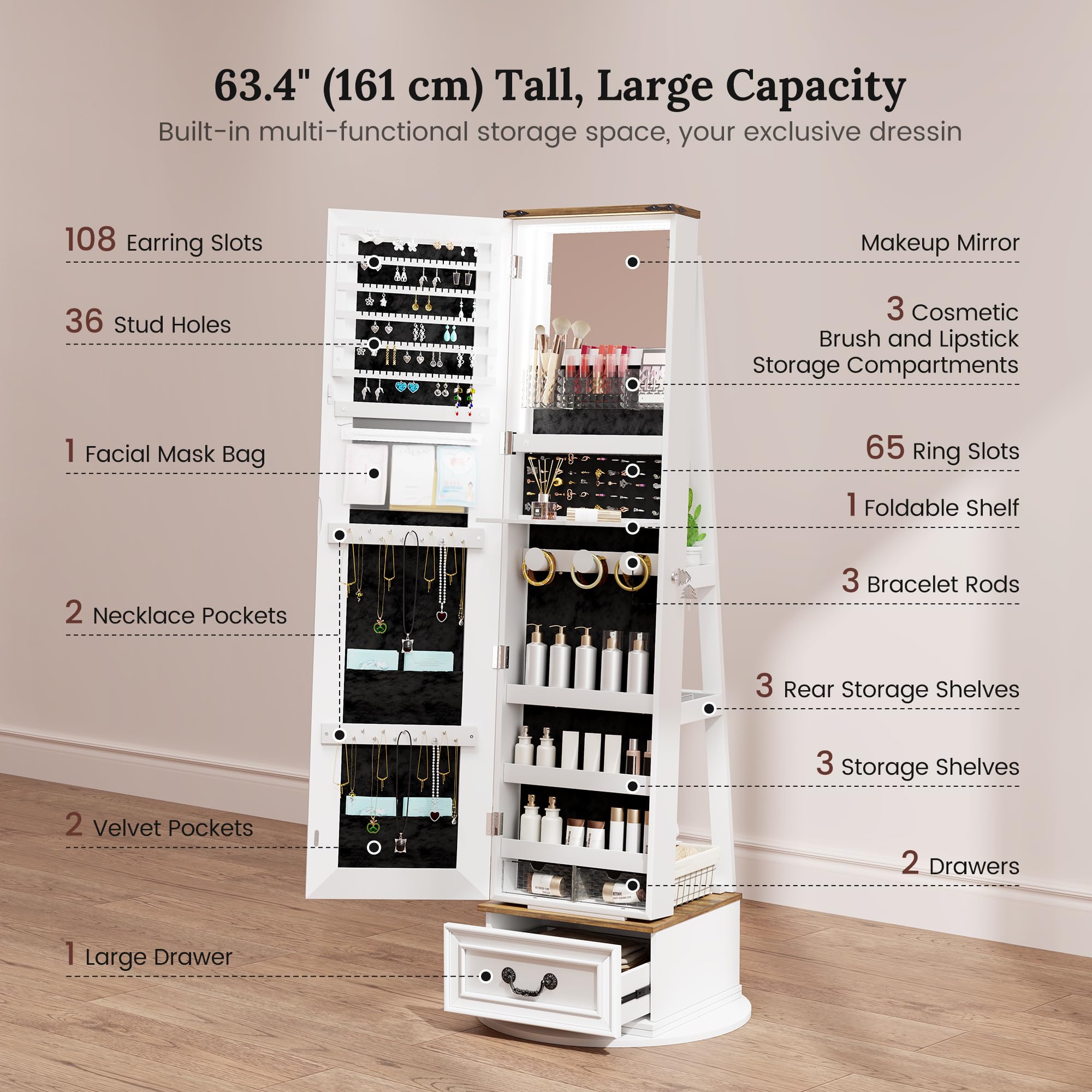 LVSOMT LED Mirror Jewelry Cabinet Standing - 360° Swivel Jewelry Armoire with Full Length Mirror & Storage, Large Wooden Drawer Organizer for Necklaces, Rings, Earrings - Perfect Christmas Gift for Women (Farmhouse White) | Bedroom Vanity, Closet Organization, Dressing Room Decor
