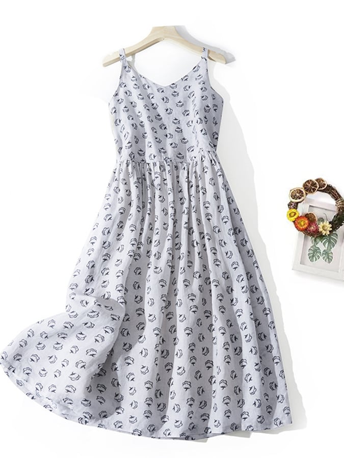 Lovevop Women's Cotton Linen Suspender Dress - Artistic Print Casual Sundress for Work, Travel & Summer Outings