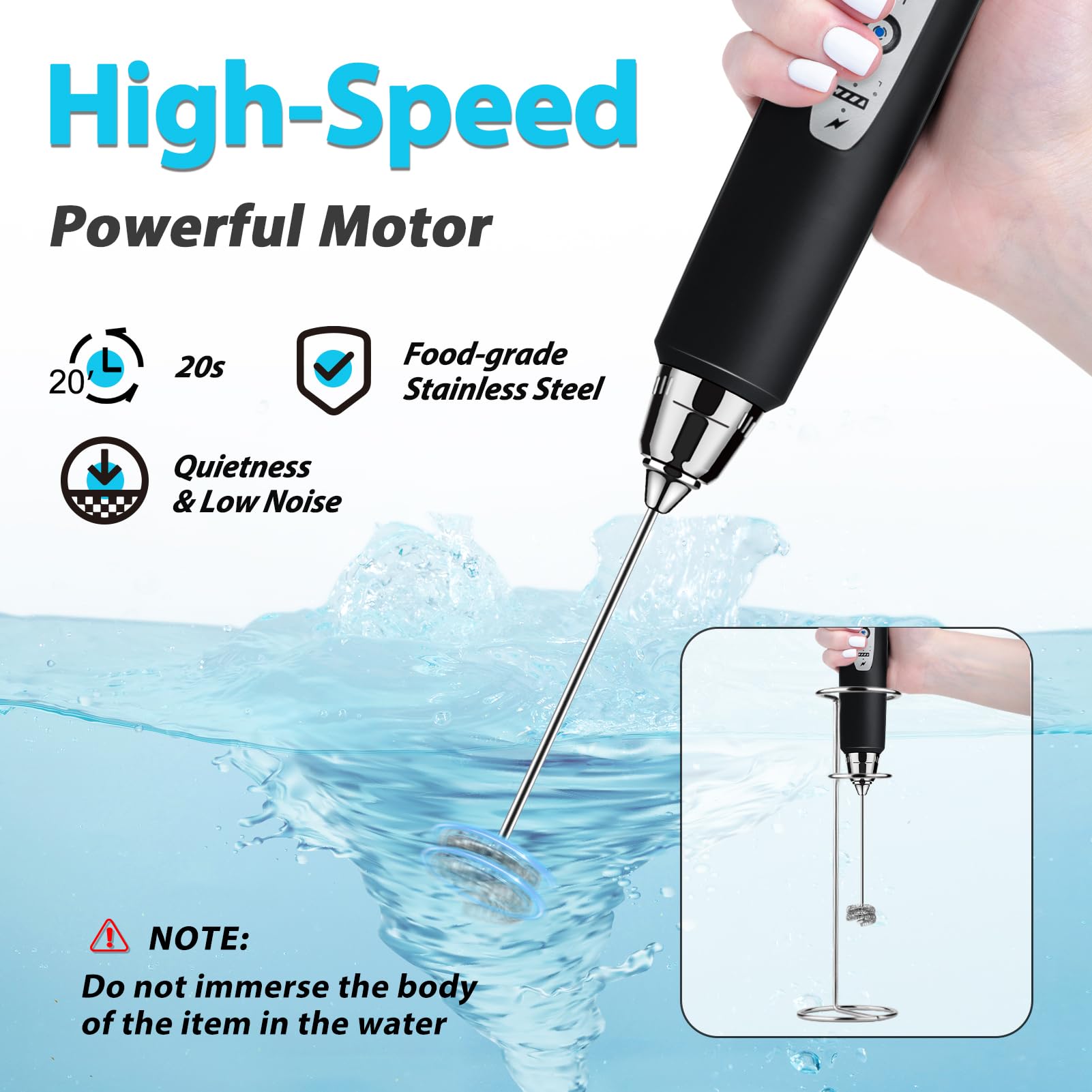 Rechargeable Handheld Milk Frother with Stand - 3 Stainless Steel Whisks & 3 Speed Settings, Electric Drink Mixer for Coffee, Matcha, Cappuccino, Hot Chocolate | Perfect for Home Baristas, Coffee Shops & Office Use