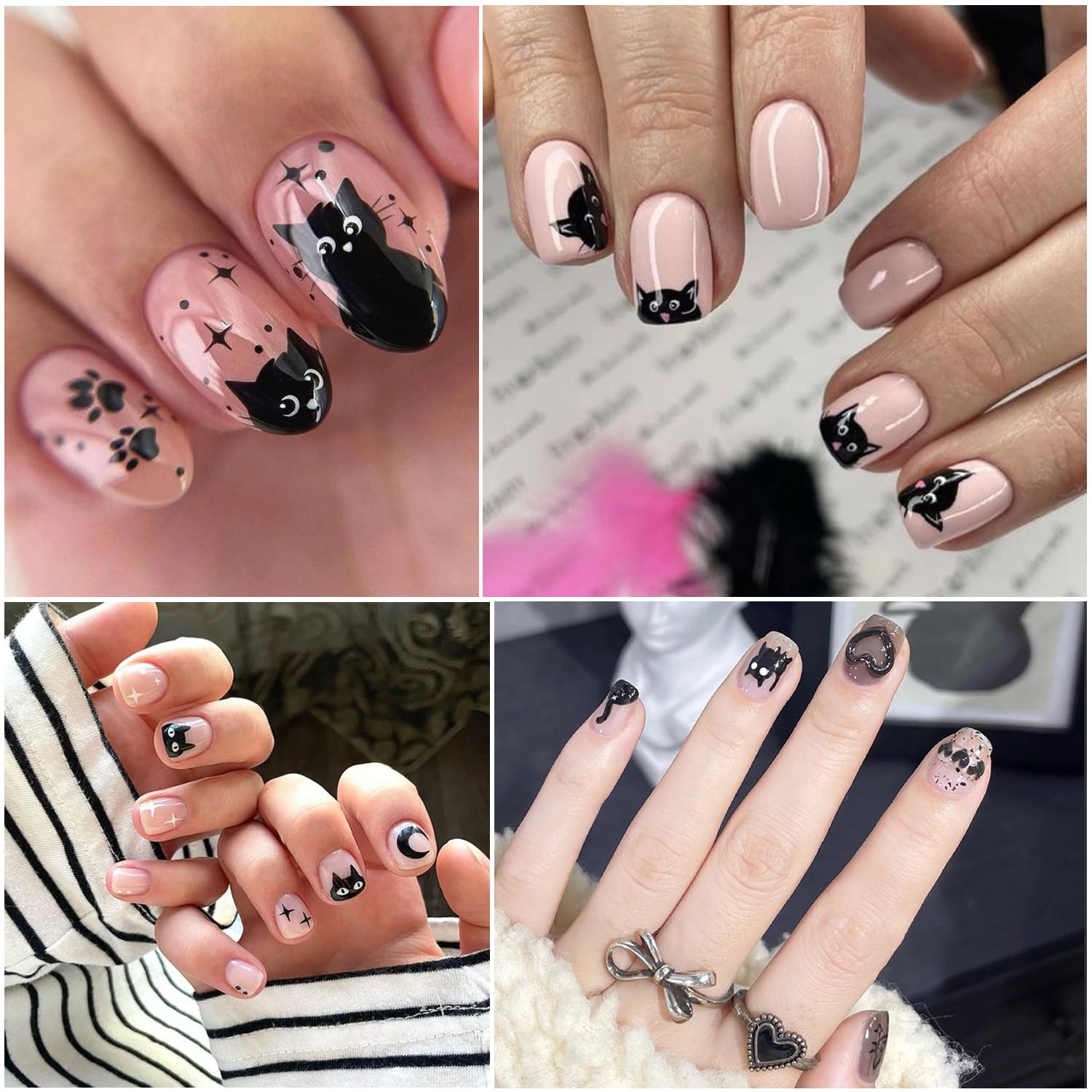 Cute Cat Nail Stickers for Nail Art - 8 Sheets 3D Self-Adhesive Nail Decals with Cartoon Cat Designs in Gold, Silver, Black & White | DIY Nail Art Supplies for Women, Girls & Kids | Perfect for Parties, Gifts & Home Manicures