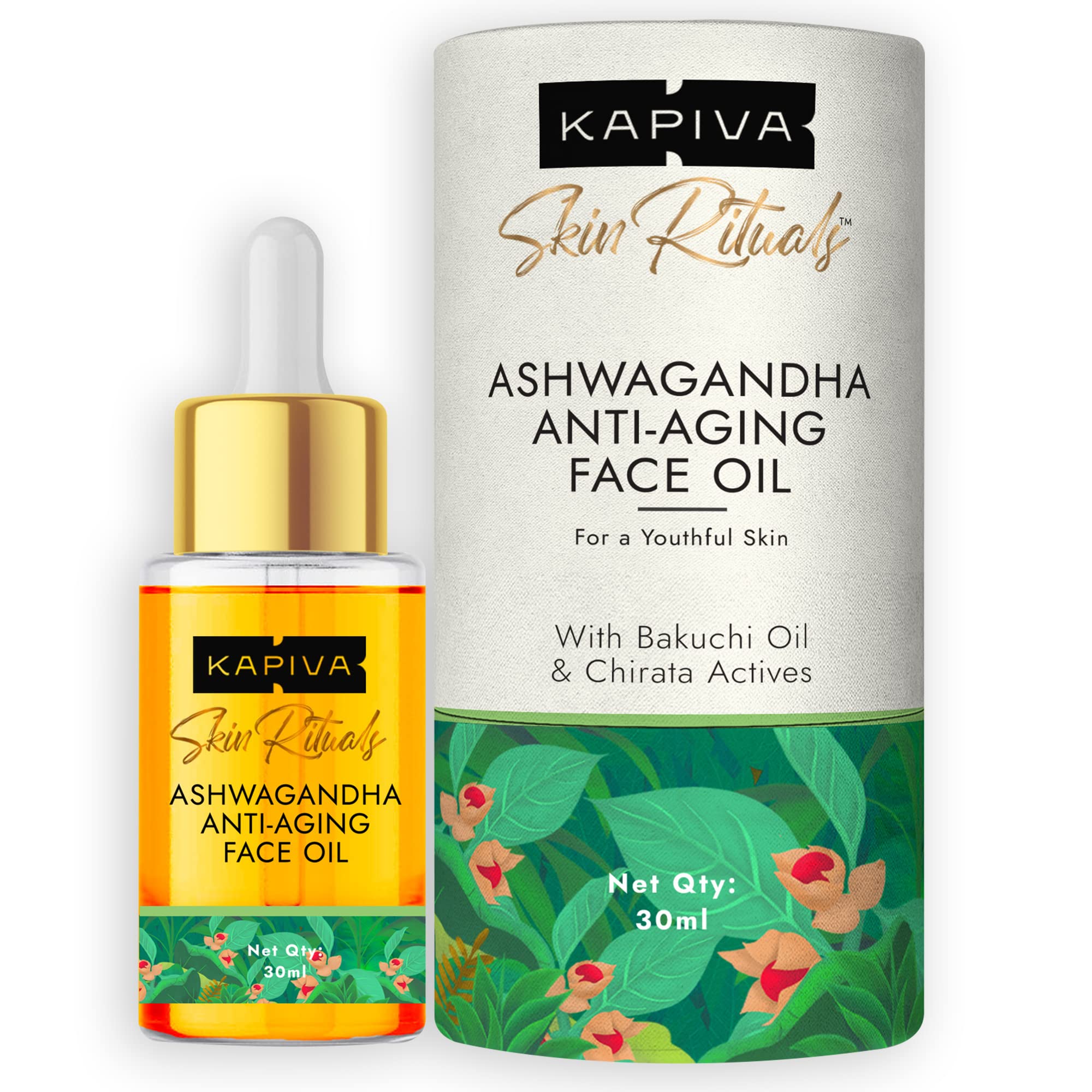Kapiva Ashwagandha Anti-Aging Face Oil (30ml) - Plant Based Retinol for Wrinkles & Fine Lines | 100% Ayurvedic Facial Oil with Bakuchi & Herbal Actives | Natural Skin Care for Dry, Mature Skin | Day & Night Moisturizer for Glowing Complexion