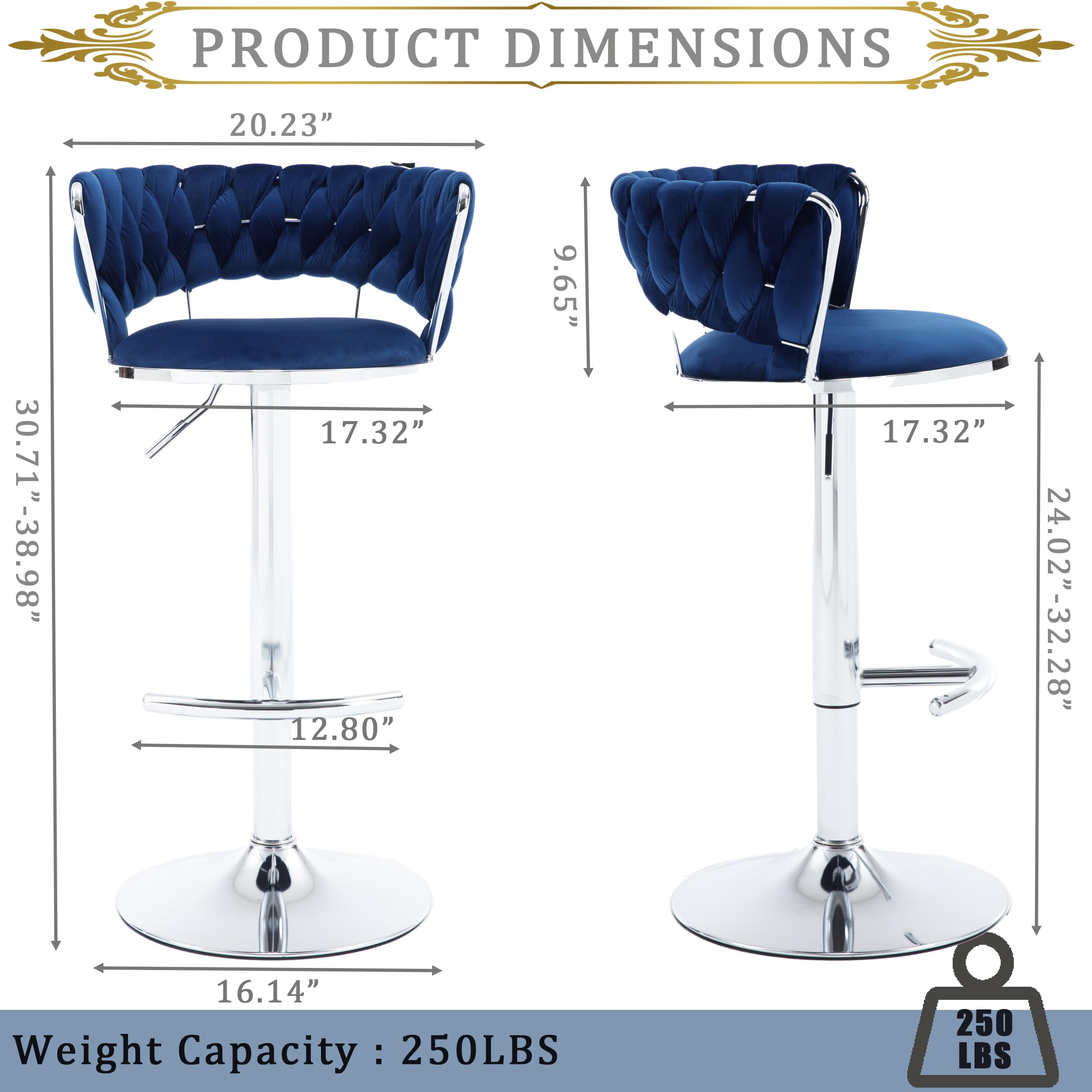 360° Swivel Velvet Bar Stools Set of 2 - Adjustable Height Counter Stools with Low Back & Footrest - Upholstered Bar Chairs for Kitchen Island, Home Bar & Dining Room - Blue & Silver (Perfect for Entertaining, Breakfast Nooks & Small Spaces)