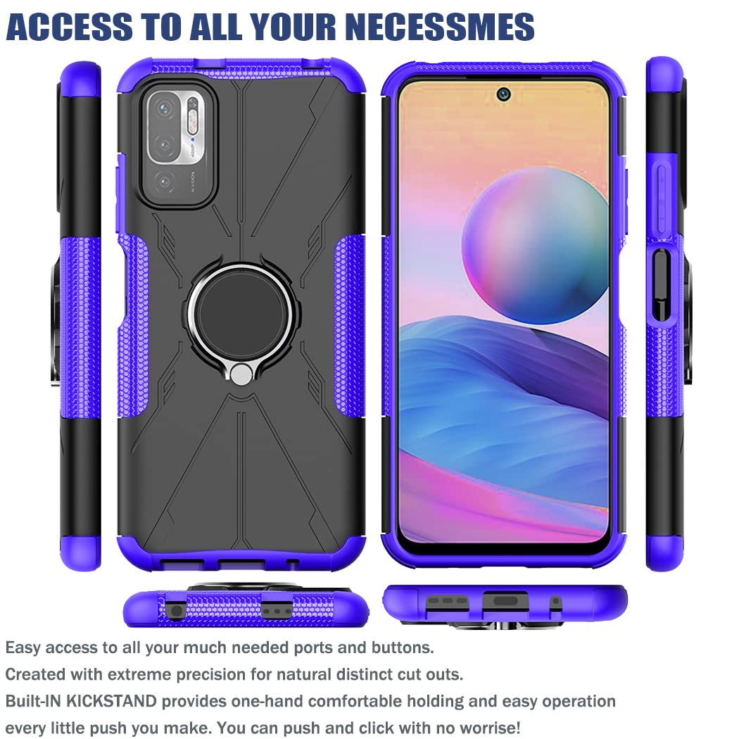 Premium Shockproof Phone Case for Redmi Note 10 5G/Poco M3 Pro/Redmi Note 10T 5G - Includes Tempered Glass Screen Protector & Metal Ring Holder Kickstand - Durable Protection Cover for Xiaomi Redmi Note 10 5G (Purple) - Perfect for Work, Travel and Everyday Use