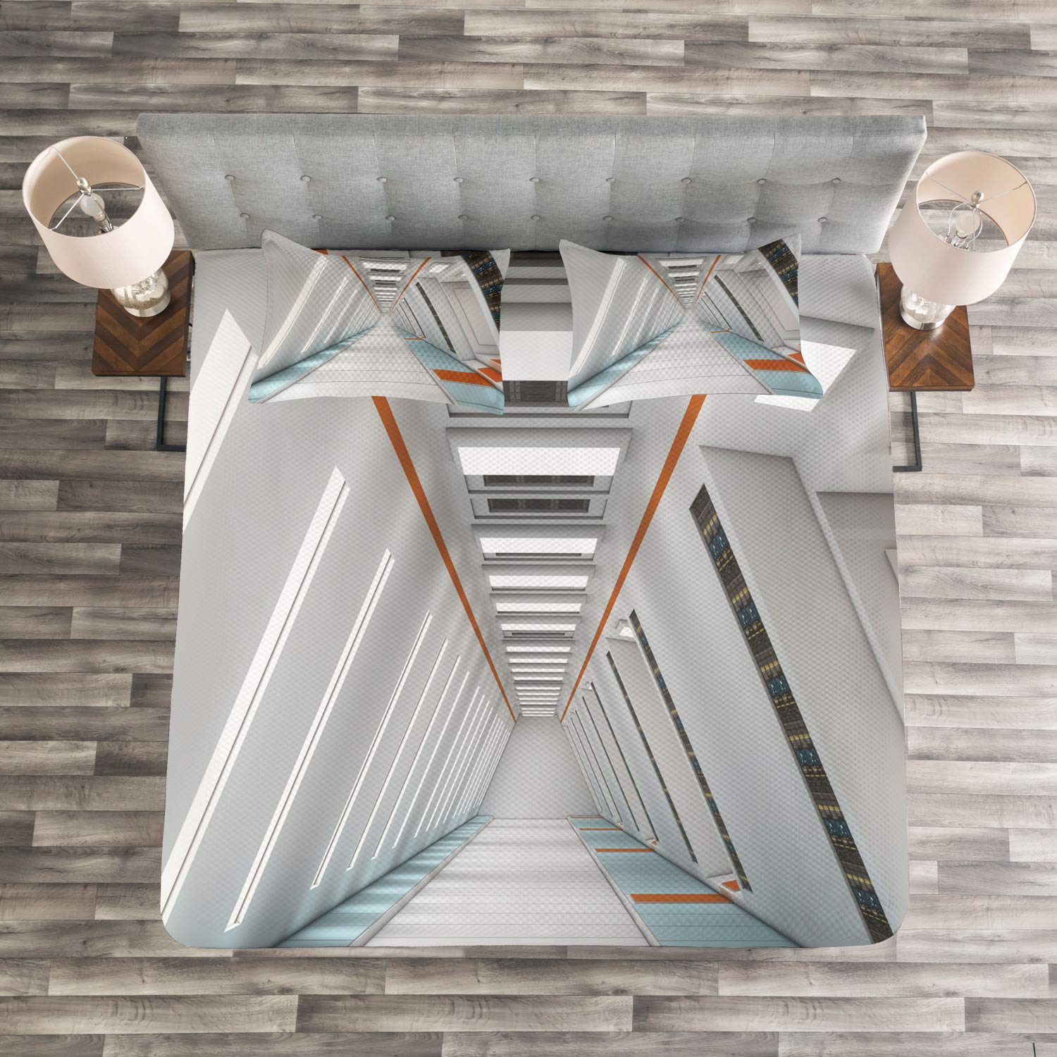 Ambesonne Outer Space Bedspread Set - Futuristic Spacecraft Rocket Travel Theme, 3-Piece Queen Size Bedding Set with Coverlet & 2 Pillow Shams in Orange & White | Perfect for Sci-Fi Themed Bedrooms, Space Enthusiasts & Modern Home Decor