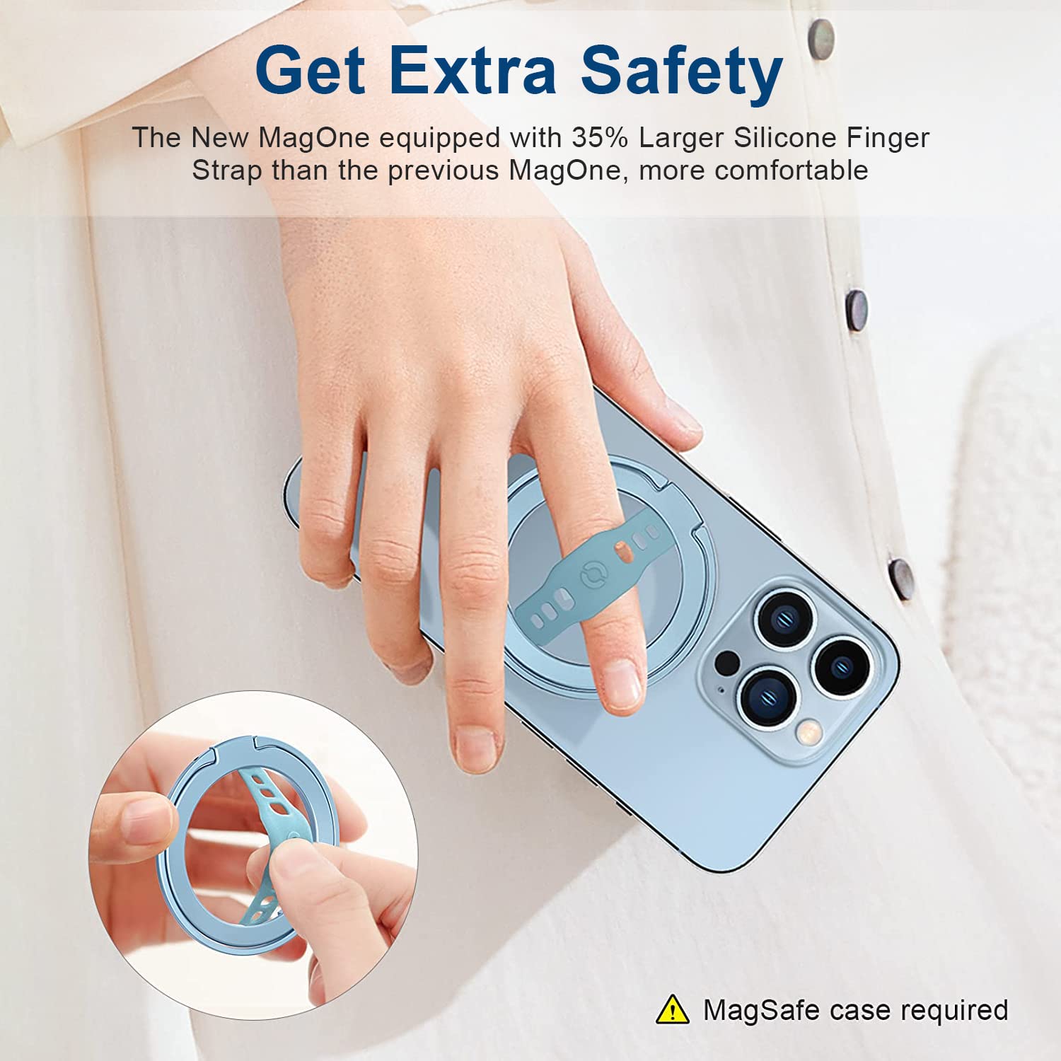 EWA MagOne (Upgrade) - MagSafe兼容手机支架带硅胶指环扣，可拆卸磁吸环支架，适用于iPhone 15/14/13 Pro/Max/Plus - 蓝色，适合办公、旅行、健身场景