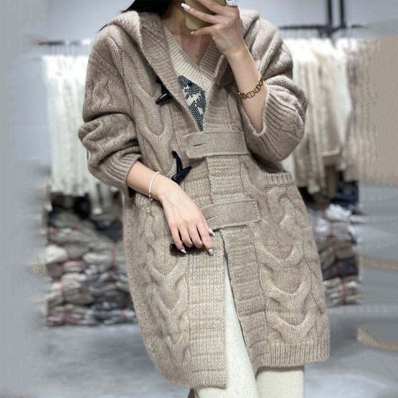100% Pure Wool Cashmere Women's Hooded Collar Long Cardigan Sweater - Warm Winter Knit Top with Horn Buttons | Cozy Fall & Winter Outerwear for Casual Wear, Office & Travel