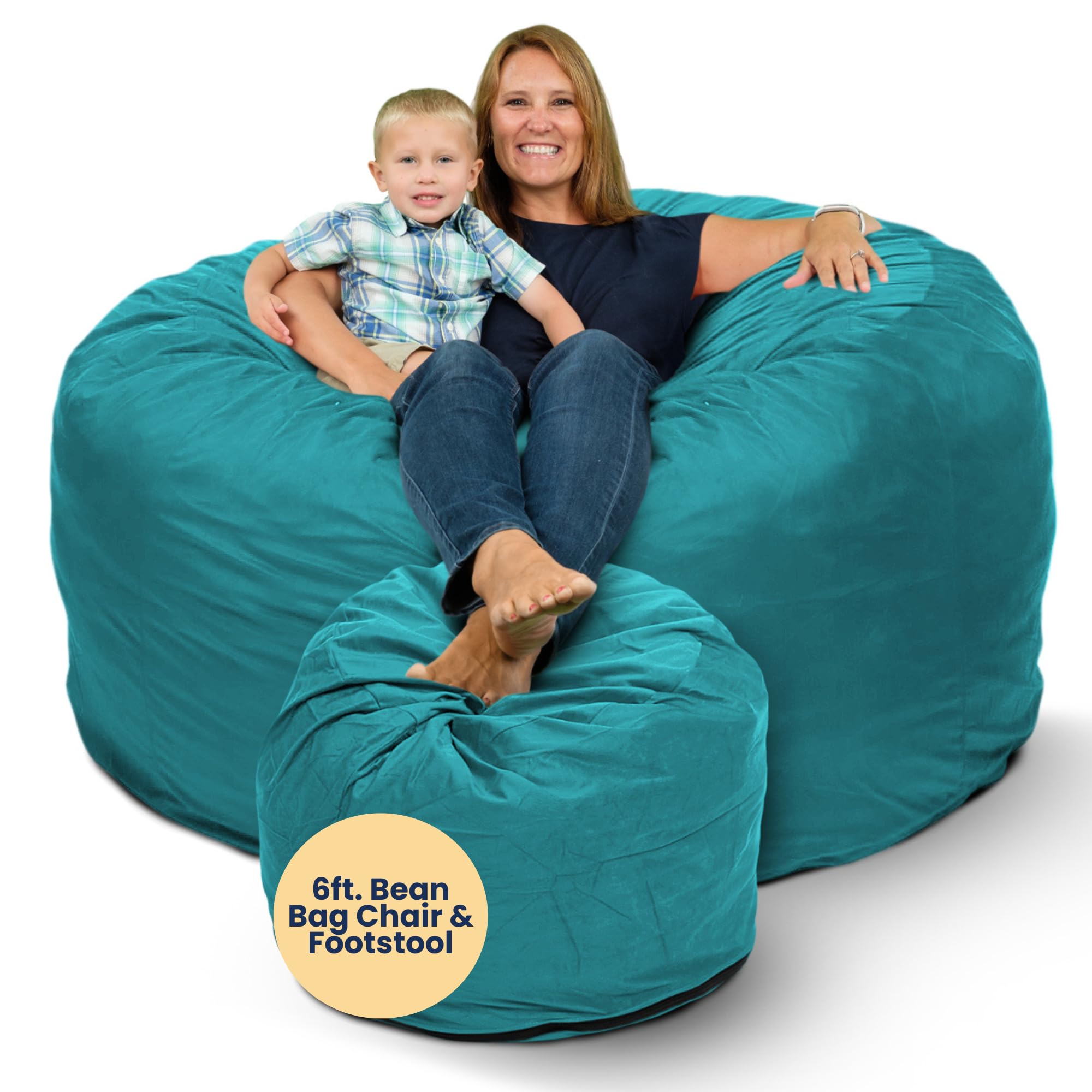 ULTIMATE SACK 6ft Oversized Bean Bag Chair with Footstool - Premium Teal Suede Lounger for Adults | Perfect for Living Room, Game Room & Dorm Relaxation