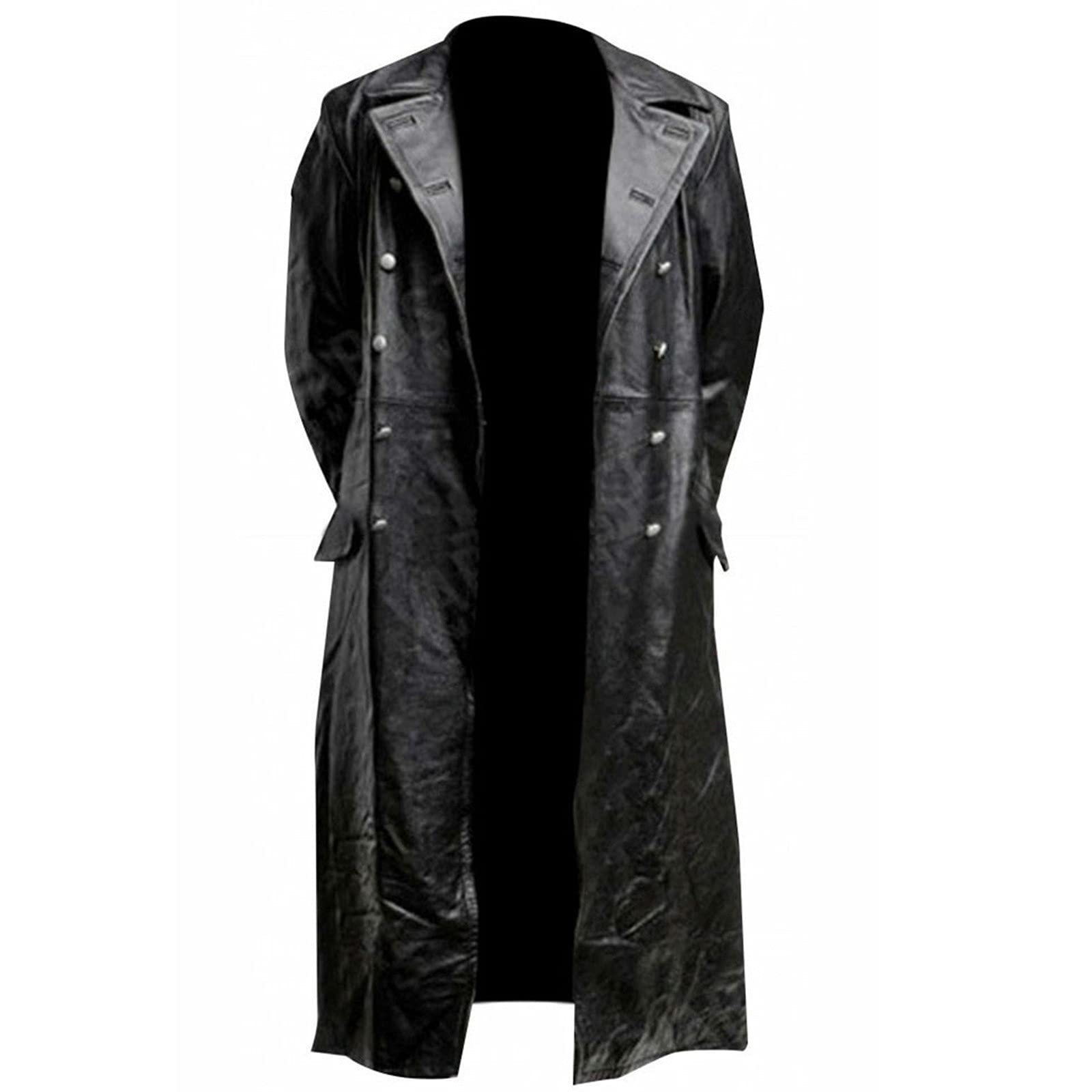 HAOLEI Men's Faux Leather Trench Coat - Gothic Steampunk Long Overcoat for Winter, Motorcycle Riding & Casual Wear (Sizes 8-22) | Waterproof Biker Jacket with Lapel Collar | Perfect for Halloween Costumes, Cosplay & Night Out