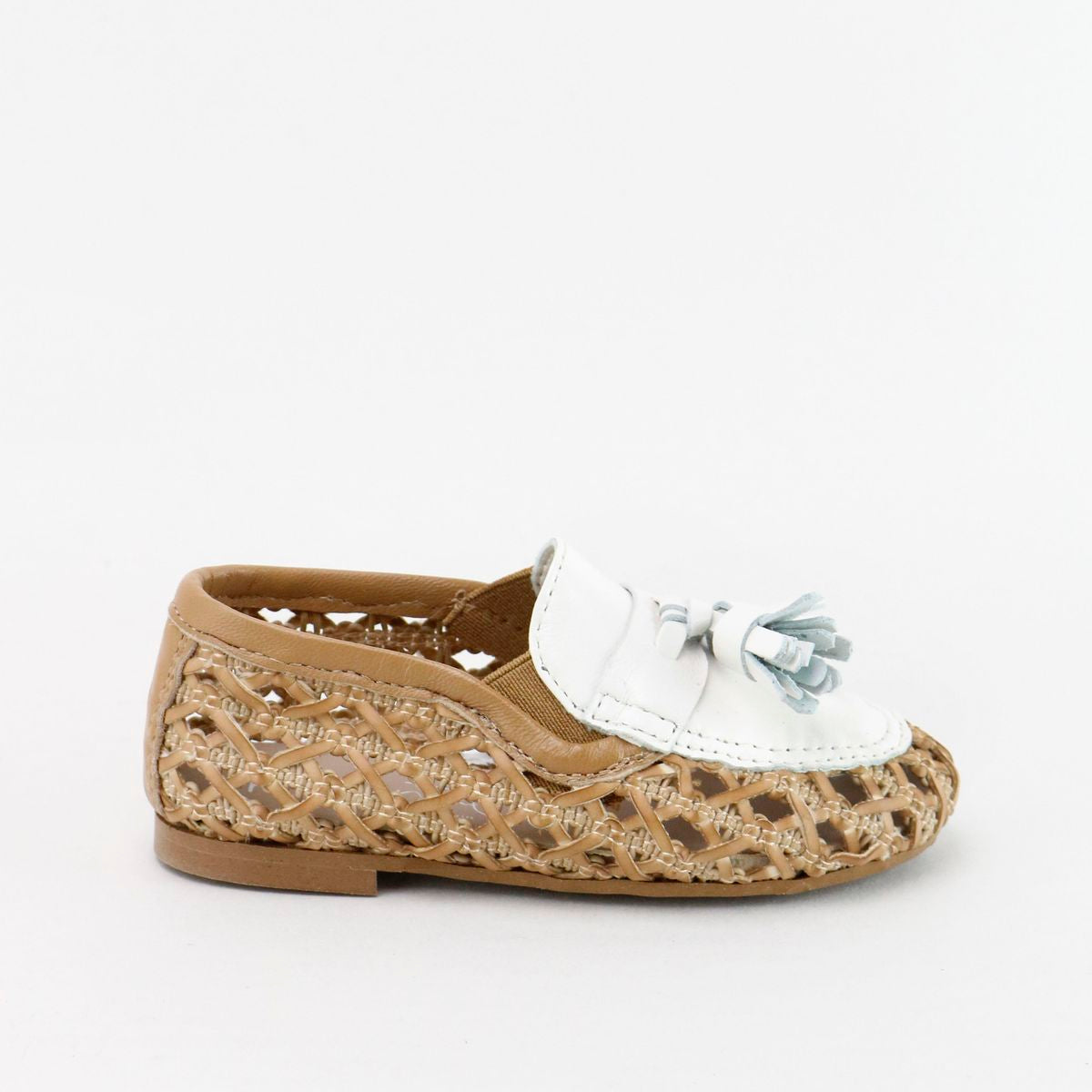 White & Camel Tassel Wicker Loafers for Women - Comfortable Slip-On Summer Shoes - Perfect for Beach, Vacation and Casual Outfits
