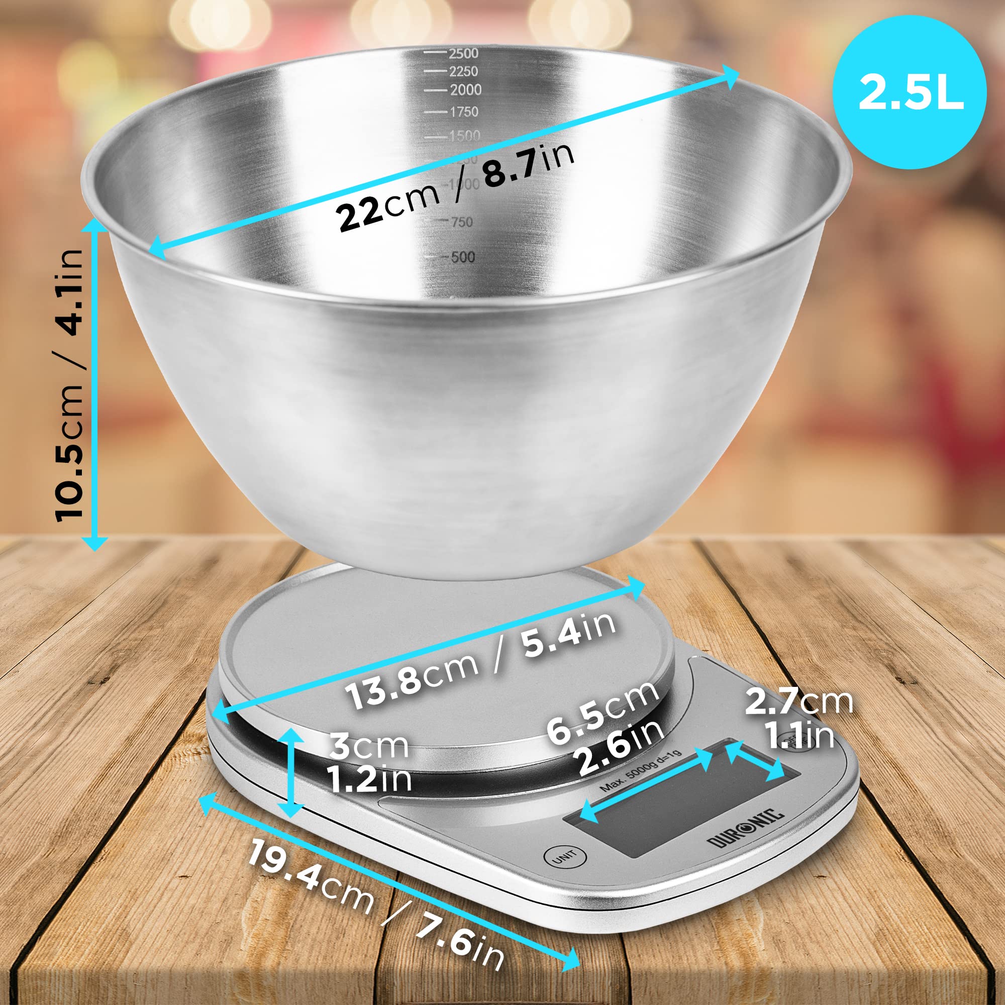 Duronic KS5000 Digital Kitchen Scale with Bowl - Precision Weighing Scale for Cooking, Baking, Pet Food & Postal Use - Backlit LCD Display | Perfect for Meal Prep, Portion Control & Recipe Accuracy