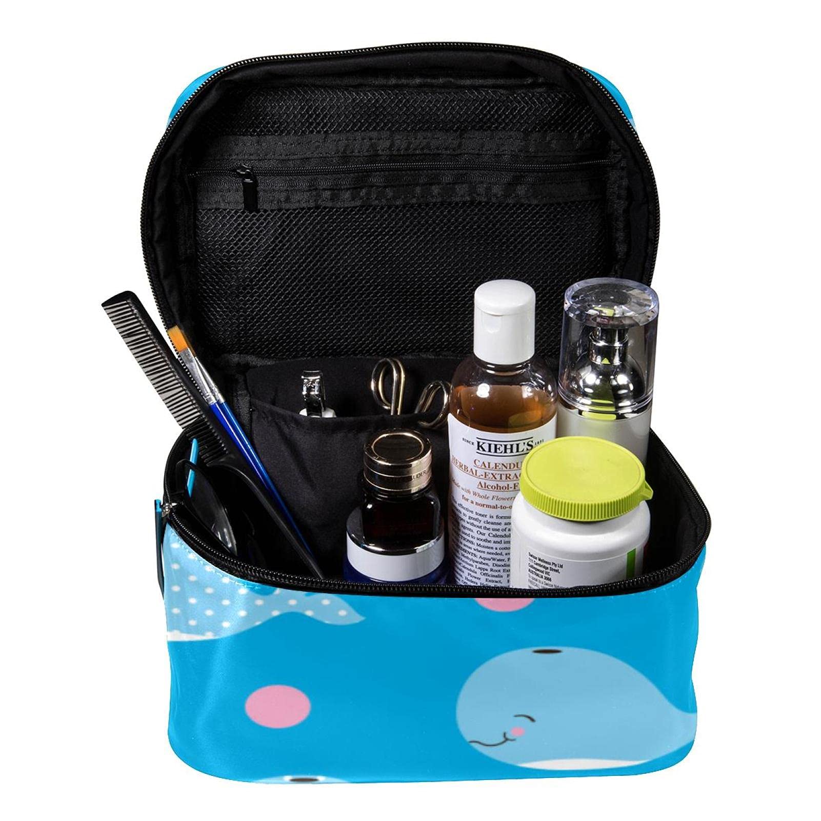 Cute Cartoon Dolphin & Pink Polka Dots Large Travel Makeup Bag - Waterproof Cosmetic Organizer with Zipper for Women & Girls - Perfect for Travel, Gym, Beach & Daily Use