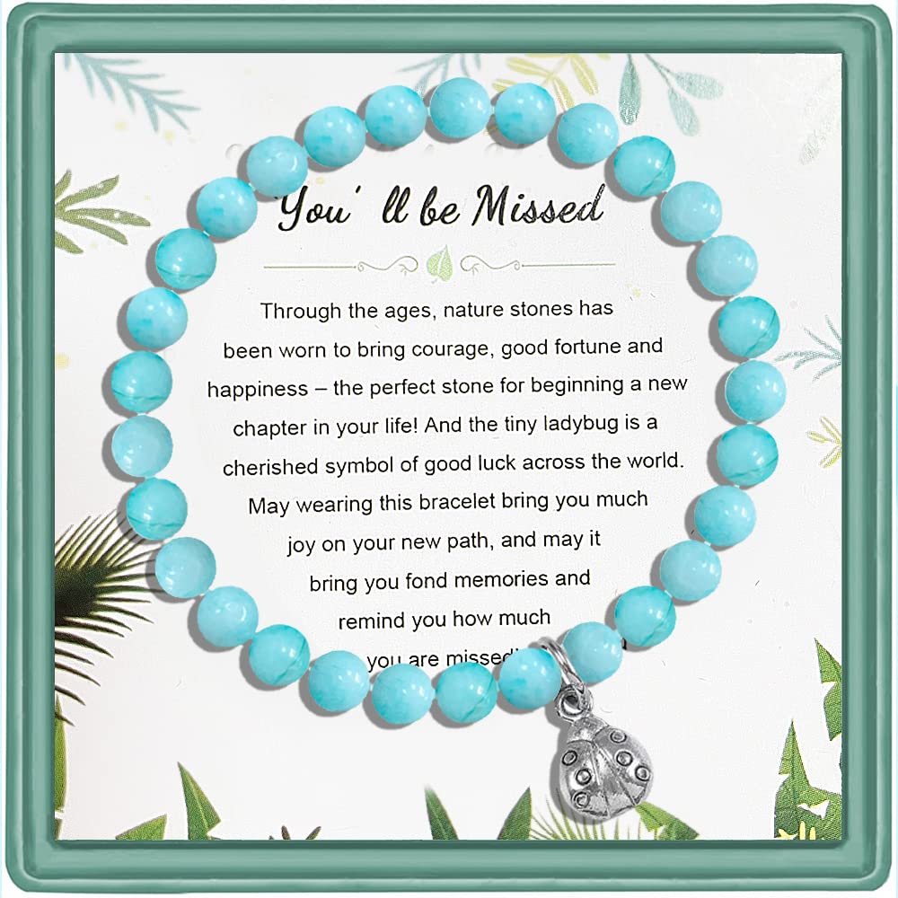 Gemstone Stretch Bracelets for Women - Amazonite Beads Ladybug Coworker Farewell Gift, Retirement & New Job Present - Natural Stone Jewelry for Office Goodbye, Work Anniversary & Special Occasions