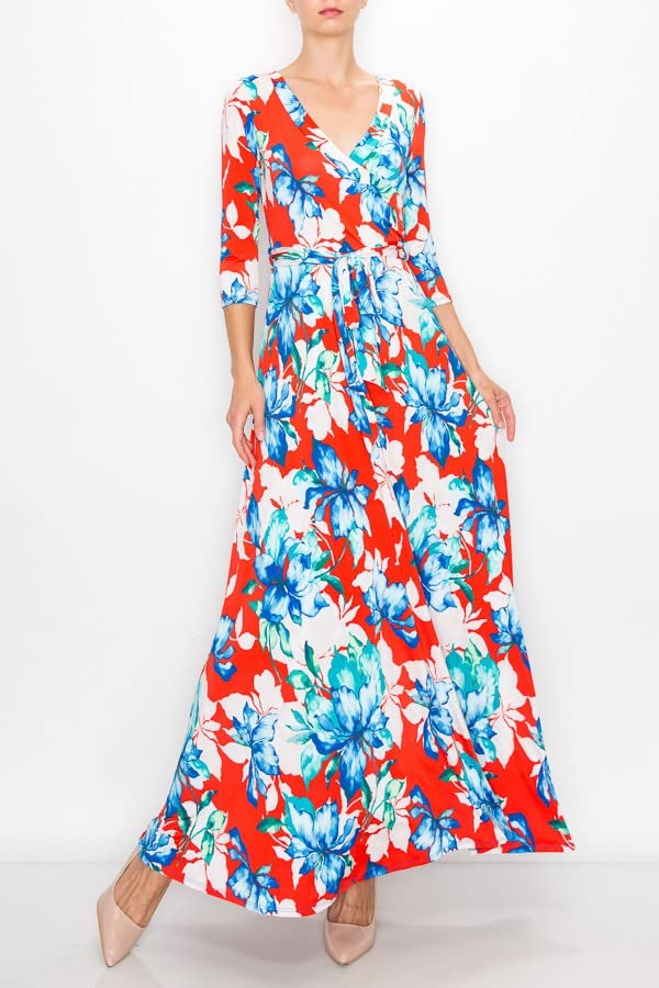 Women's Super Stretchy Maxi Party Dress - Floral Print Wrap V-Neck 3/4 Sleeve Spring Summer Cocktail Dress for Weddings, Dinners & Special Occasions
