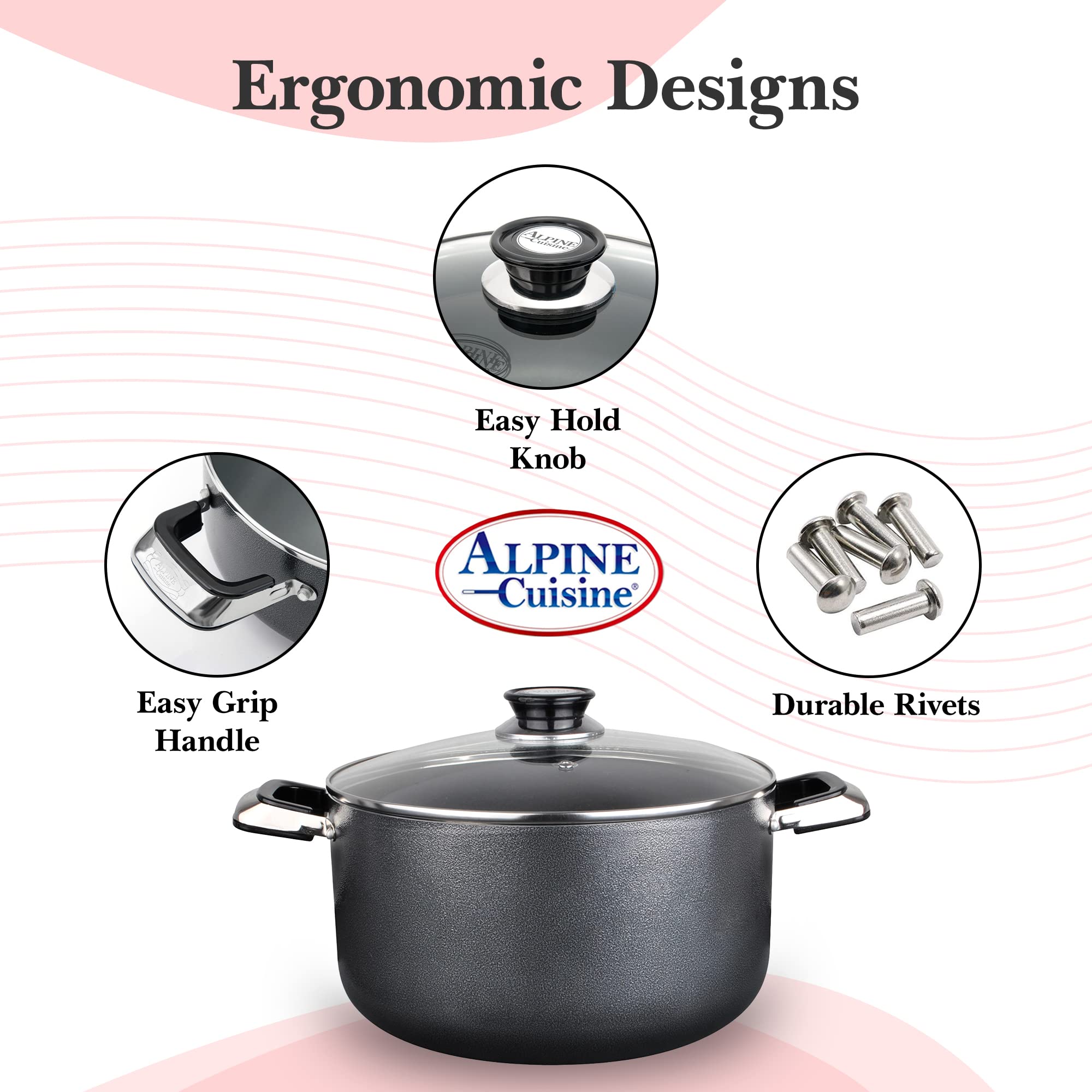 Alpine Cuisine 10 Quart Non-Stick Stock Pot with Tempered Glass Lid & Handles - Multi-Purpose Aluminum Dutch Oven for Braising, Boiling, Stewing - Perfect for Soups, Stews & Family Dinners