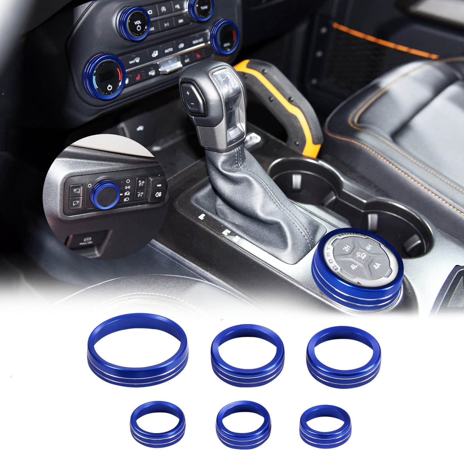 2021-2025 Ford Bronco Accessories - 6pcs Aluminum AC Headlight & 4WD Wheel Drive Trailer Gear Switch Knob Covers (Blue) | Durable Off-Road Protection for Dash & Control Panel | Perfect for Outdoor Adventures & Truck Customization