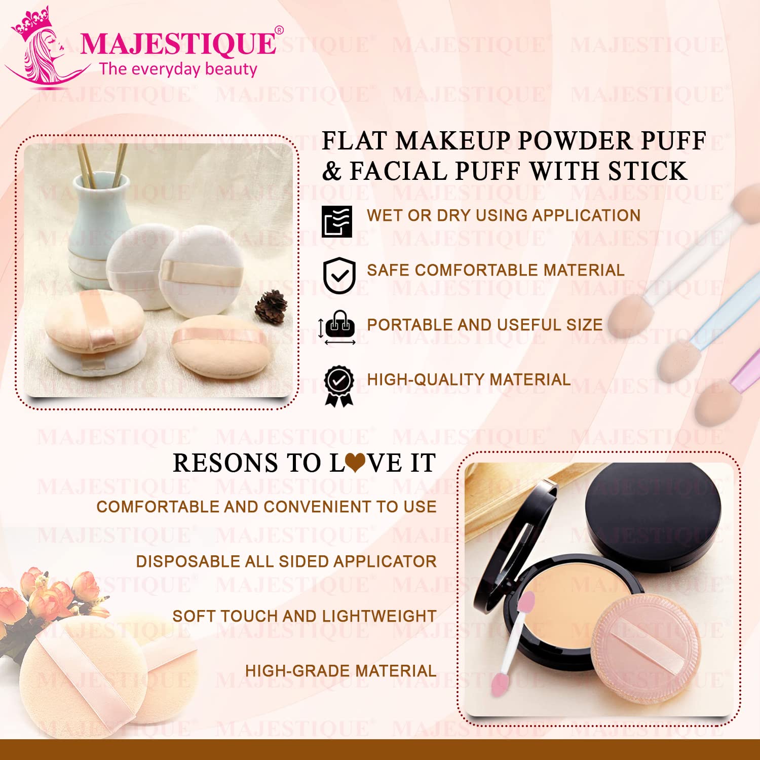 Majestique 2-Piece Flat Powder Puff with Non-Slip Grip | Professional Makeup Sponge Applicator for Liquid Foundation, Cream & Powder Cosmetics | Perfect for Travel & Everyday Makeup Application