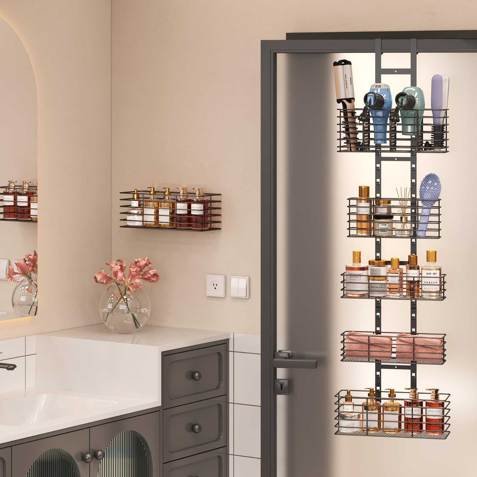 5-Tier Over The Door Bathroom Organizer - Adjustable Height Hair Dryer & Styling Tool Holder - Wall Mounted Storage Shelf for Flat Irons, Curling Wands & Skincare Products - Perfect for Small Bathrooms & Vanity Organization