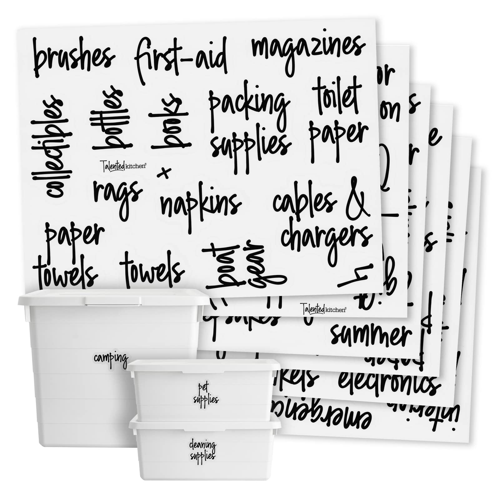 136 Preprinted Black Script Clear Stickers - Water Resistant Garage Storage Bin Labels for Plastic Containers | Organize Bins & Boxes in Kitchen, Pantry & Workshop