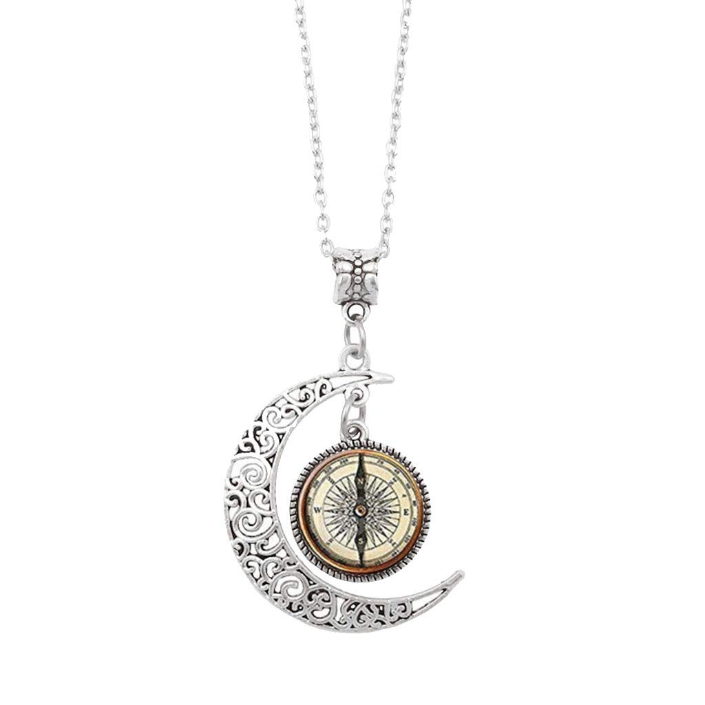 Vintage Boho Punk Chain Choker Necklace with Glass Compass Pendant - Steampunk Moon Necklace Jewelry for Women, Silver One Size - Perfect Birthday & Christmas Gifts for Girls, Ideal for Music Festivals & Gothic Fashion