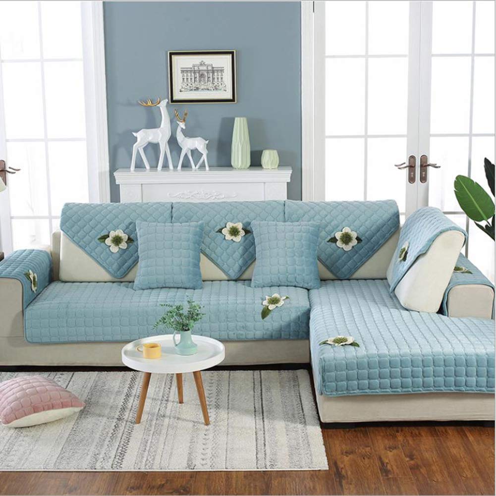 Nileco Quilted Plush Sofa Slipcover - Anti-Slip Furniture Protector, Washable Dustproof Sectional Couch Cover (Blue, 110x210cm/43x83in) for Living Room, Bedroom & Home Decor
