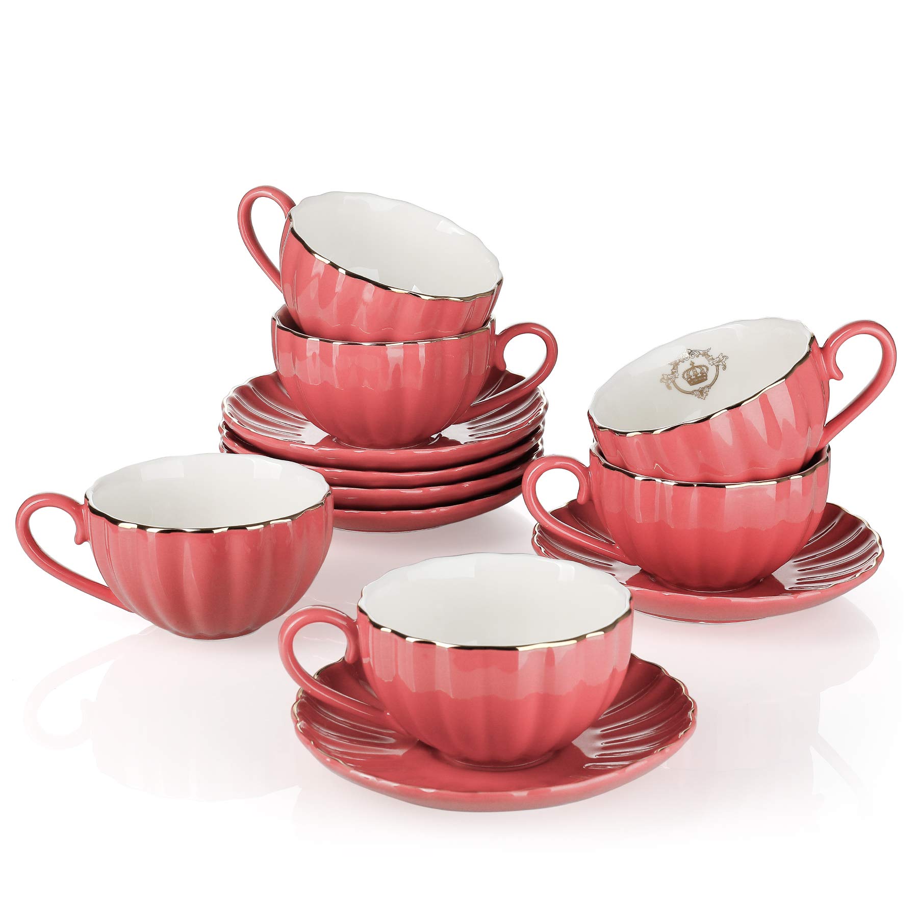 Premium Royal Tea Cups and Saucers Set of 6 - 8 oz Porcelain Coffee Cups with Gold Trim, Elegant British Tea Set in Gift Box (Red) - Perfect for Afternoon Tea, Bridal Showers, and Luxury Home Decor