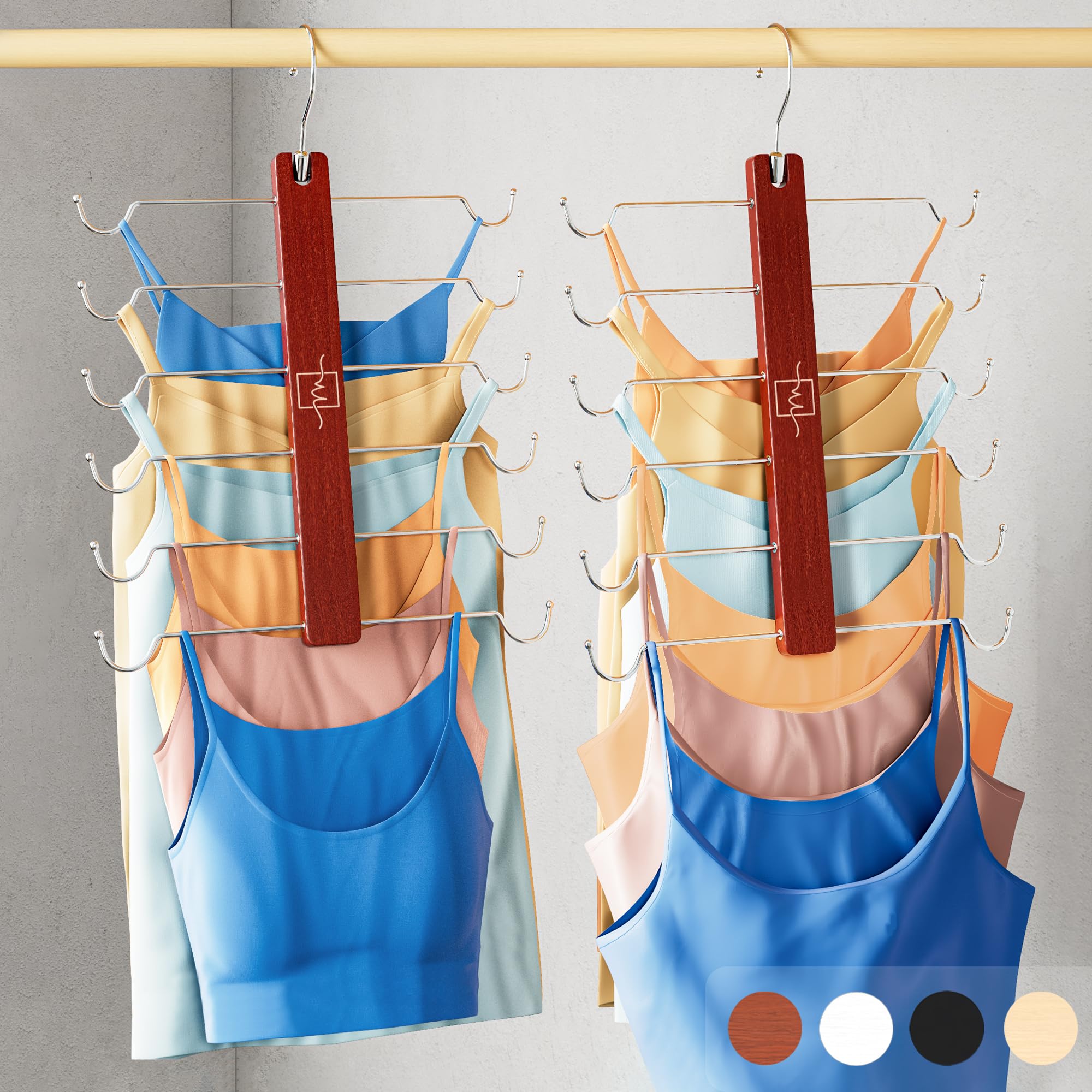 360° Swivel Hook Beechwood Hangers for Tank Tops & Bras - 2 Pack Space Saving Closet Organizer for Sports Bras, Cami Tops & Lingerie - Perfect for Small Closets, Dorm Rooms & Travel Wardrobe Organization