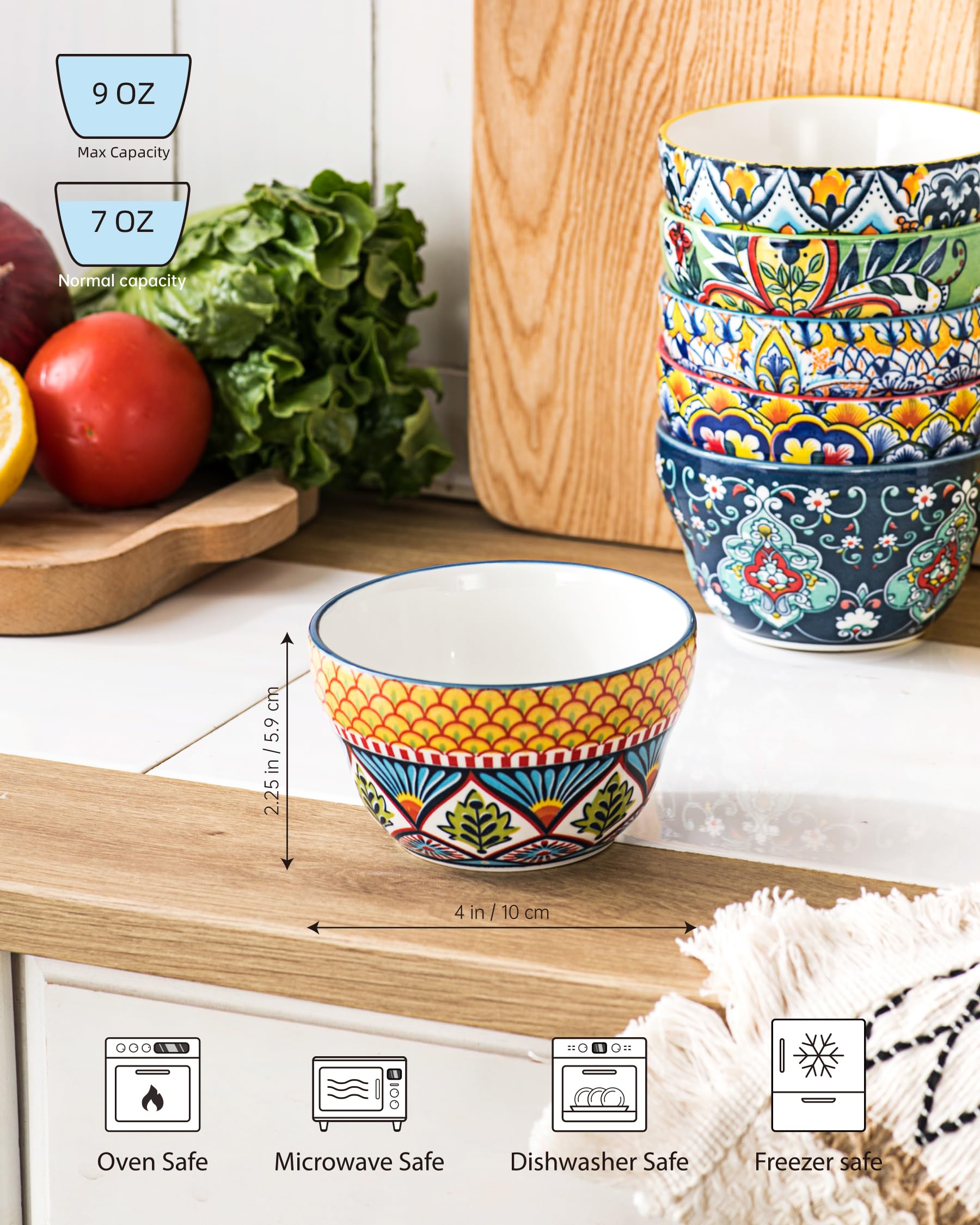 HENXFEN LEAD 8 Oz Porcelain Bouillon Cups Set of 6 - Microwave & Dishwasher Safe Soup Bowls for Dessert, Yogurt, Dips, Ice Cream - Bohemian Style Serving Bowls for Dining, Entertaining & Daily Use