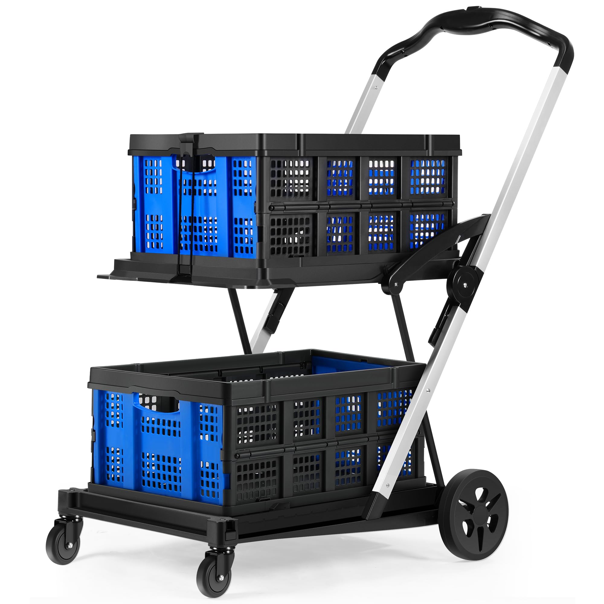 200lbs Capacity 30x18 Inch Foldable Shopping Cart with Wheels - Adjustable Collapsible Grocery Trolley with 2 Removable Baskets for Supermarket, Picnic & Outdoor Activities (Blue)
