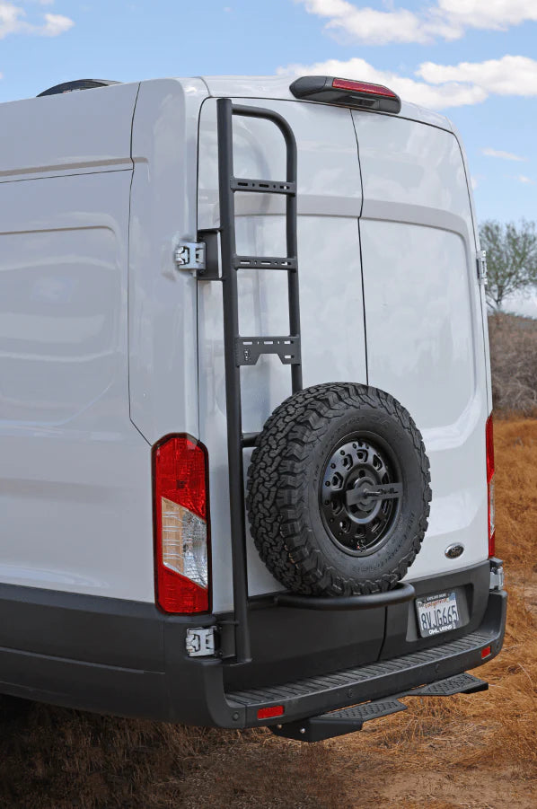 Owl Explorer Ladder & Tire Carrier for 2015-2023 Ford Transit High Roof Van | Heavy Duty Roof Accessories for Camping & Adventure Van Life