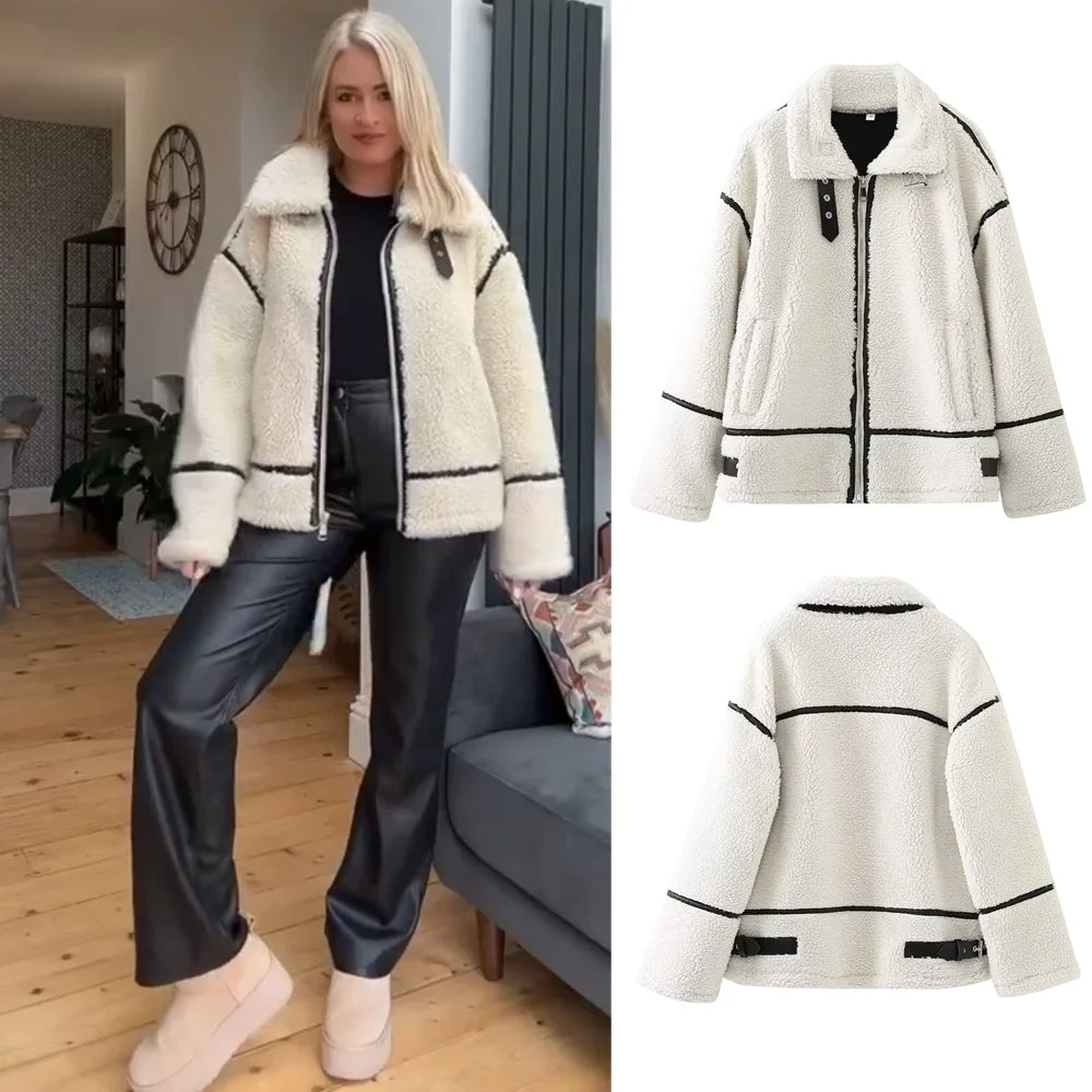 Women's Autumn Fur Jacket - Cozy Lamb Wool Plush Coat with Contrast Color for Casual Wear | Perfect for Fall Outfits, Daily Errands & Cold Weather Fashion